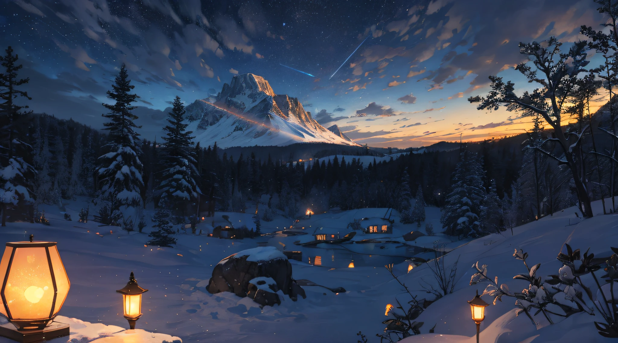 expansive landscape photograph,(moon full:1.2),(meteor:0.9),(StarCloud:1.3),Far Mountain, Tree BREAK Making Art,(warm light source:1.2),(fireflies:1.2),Lamp light,Lots of purple and orange,intricated details,volumetric lighting,Realism BREAK(tmasterpiece:1.2),(best qualtiy),4k,Ultra-detailed,(Dynamic composition:1.4),very very detailed,Colorful Detail,(Iridescent Color:1.2),(Emitting lighting,Atmospheric lighting),Magical dreams,Magical,(独奏:1.2),((best qualtiy)), ((tmasterpiece)), (the detail:1.4),depth of fields,Maximum Sharpness and Sharpness,perfectly proportions,Fluttering clouds,Wallpapers