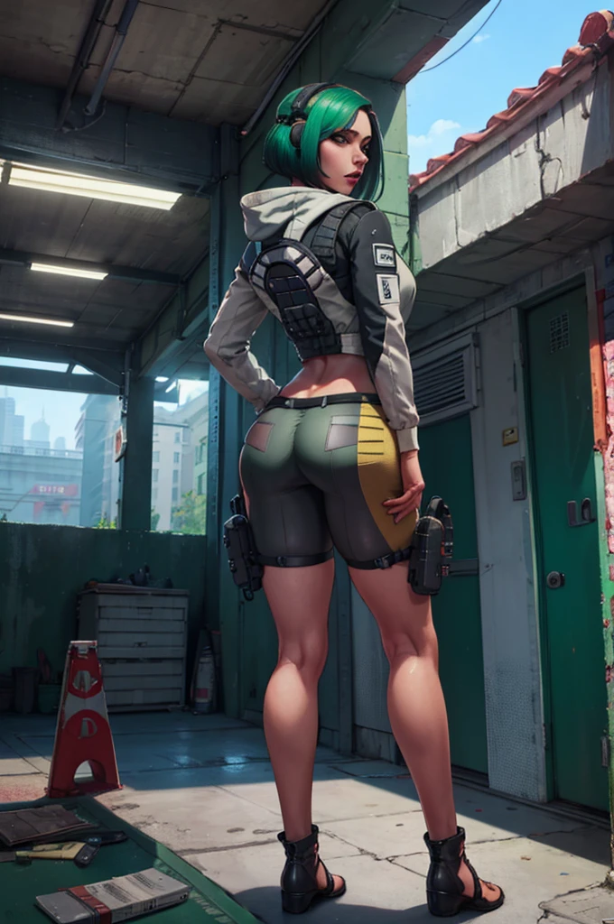 from behind, focus on ass, (masterpiece, best quality, ultra detailed, immaculate: 1.3), epic, illustration, pastel punk girl, 1 girl, cute, full body, [: colorful, casual costume design,: 0.2 ], official art, rainbow lighting from below, in a nasty city, bob cut, legs open ela_(rainbow_six_siege), masterpiece, best quality, 1girl, solo, green hair, realistic, short hair,(insanely detailed, beautiful detailed face, beautiful detailed eyes, masterpiece, best quality)