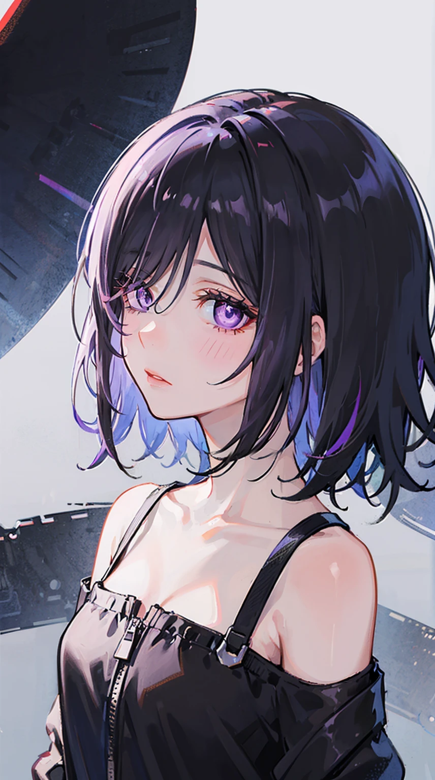 a close-up of a girl in a dark outfit with purple eyes, 1girl, solo, colored inner hair, (short black hair:1.2), (side view), looking at the viewer, (purple eyes), upper body, bare shoulders, medium breasts, blush, bangs, collarbone, jacket, off shoulder, black jacket, (hair over one eye:1.2)