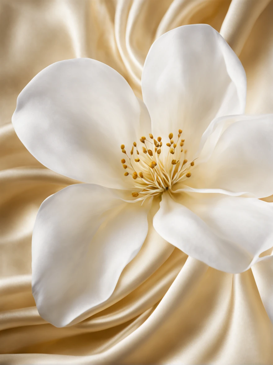 Close-up of a white flower，The light is gentle, soft translucent fabric folds, silk flowing in wind, Flowing fabric, beautiful flowing fabric, Flowing realistic fabric, endless flowing ethereal drapery, flowing silk sheets, draped in silk, draped in flowing fabric, long flowing fabric, flowing sakura-colored silk, soft golden light, draped in silky gold, folds of fabric