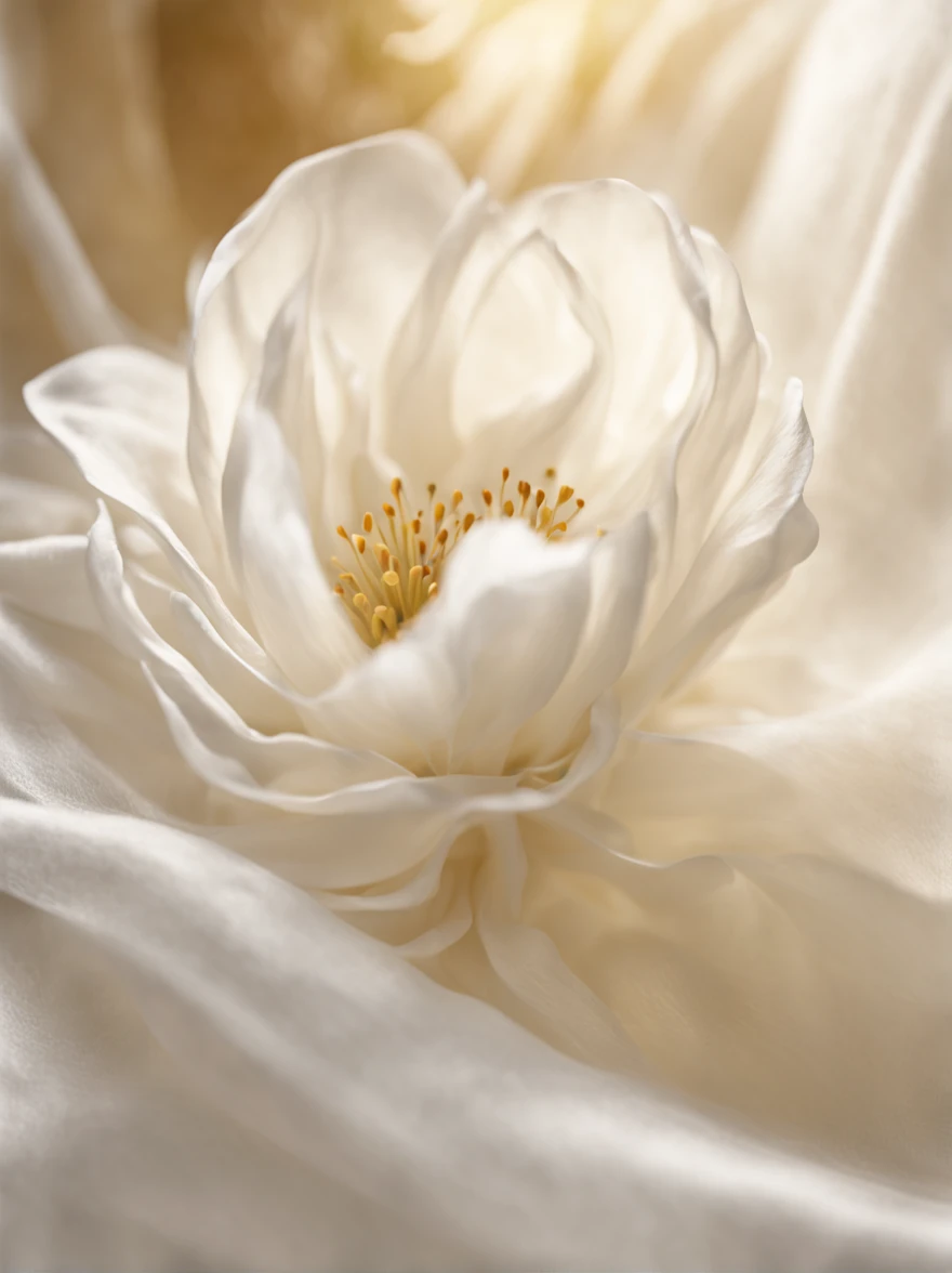 Close-up of a white flower，The light is gentle, soft translucent fabric folds, silk flowing in wind, Flowing fabric, beautiful flowing fabric, Flowing realistic fabric, endless flowing ethereal drapery, flowing silk sheets, draped in silk, draped in flowing fabric, long flowing fabric, flowing sakura-colored silk, soft golden light, draped in silky gold, folds of fabric