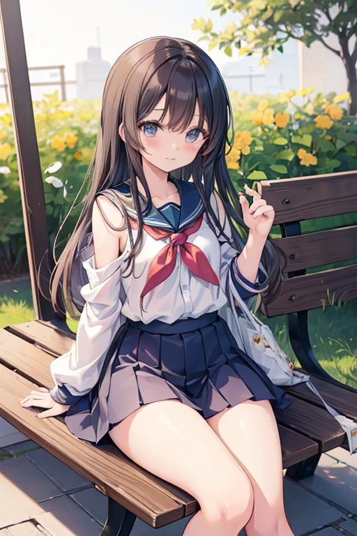animemanga girl，There is a flower in the hair sitting on a bench, an anime drawing by Shitao, Pisif, Sots Art, Kantai collection style, at pixiv, beautiful anime girl crouching, (Anime girl), Highest rated on Pisif, trending on cgstation, [ 4 K digital art ]!!, seductive anime girls, feet posing
