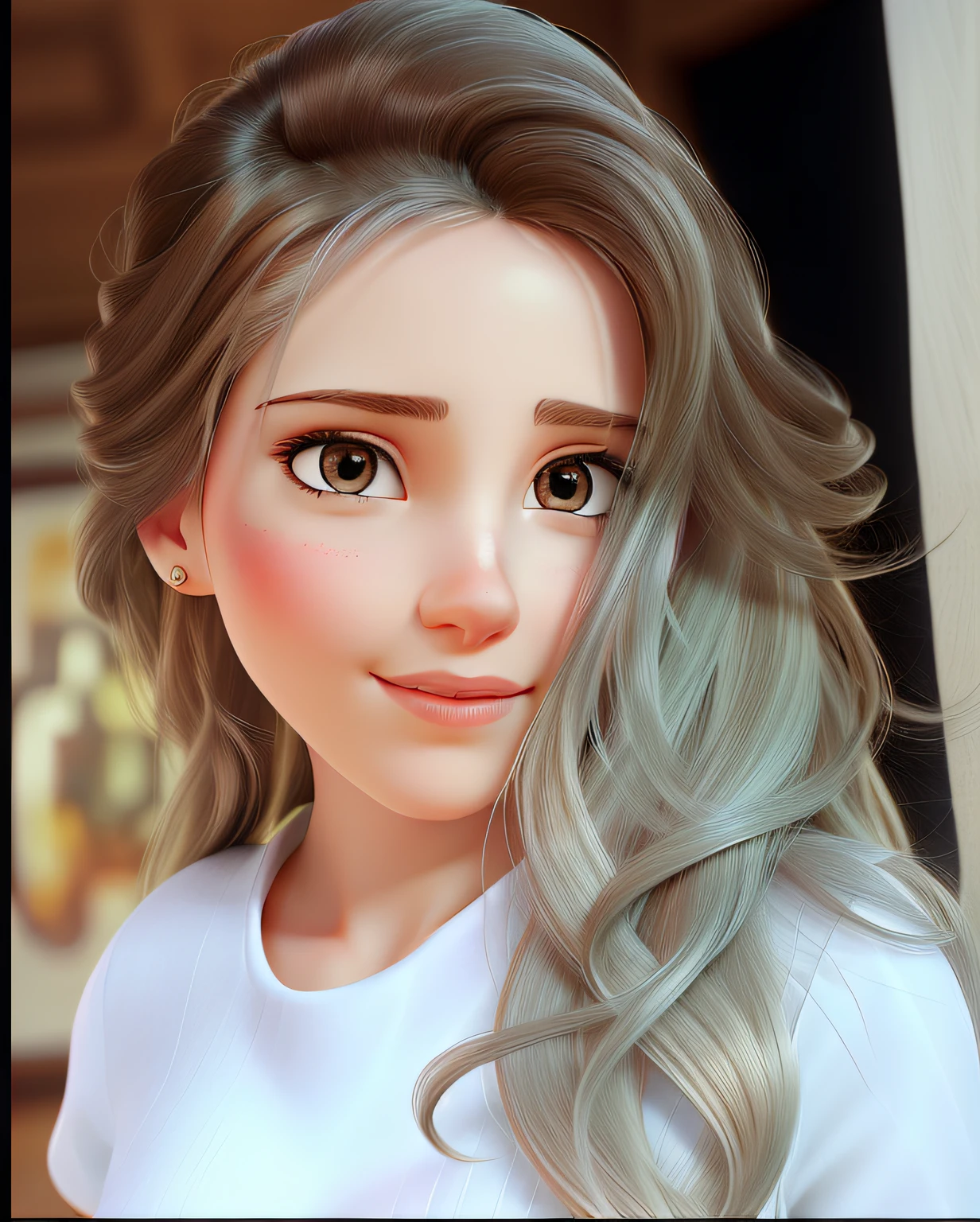 A close up of a cartoon girl with long hair and a white shirt - SeaArt AI