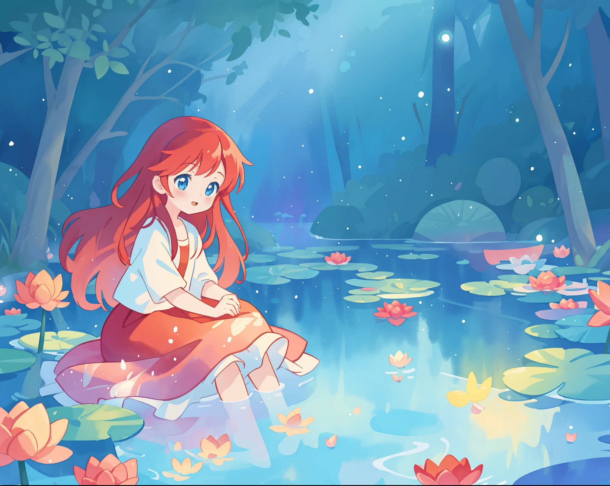 beautiful girl in white sitting in the water, long red hair, magical forest background, red water lilies in the water, beautiful lake of water, watercolor illustration, disney art style, glowing aura around her, glowing lights, beautiful digital illustration, fantasia otherworldly landscape plants flowers, beautiful, masterpiece, best quality, anime disney style