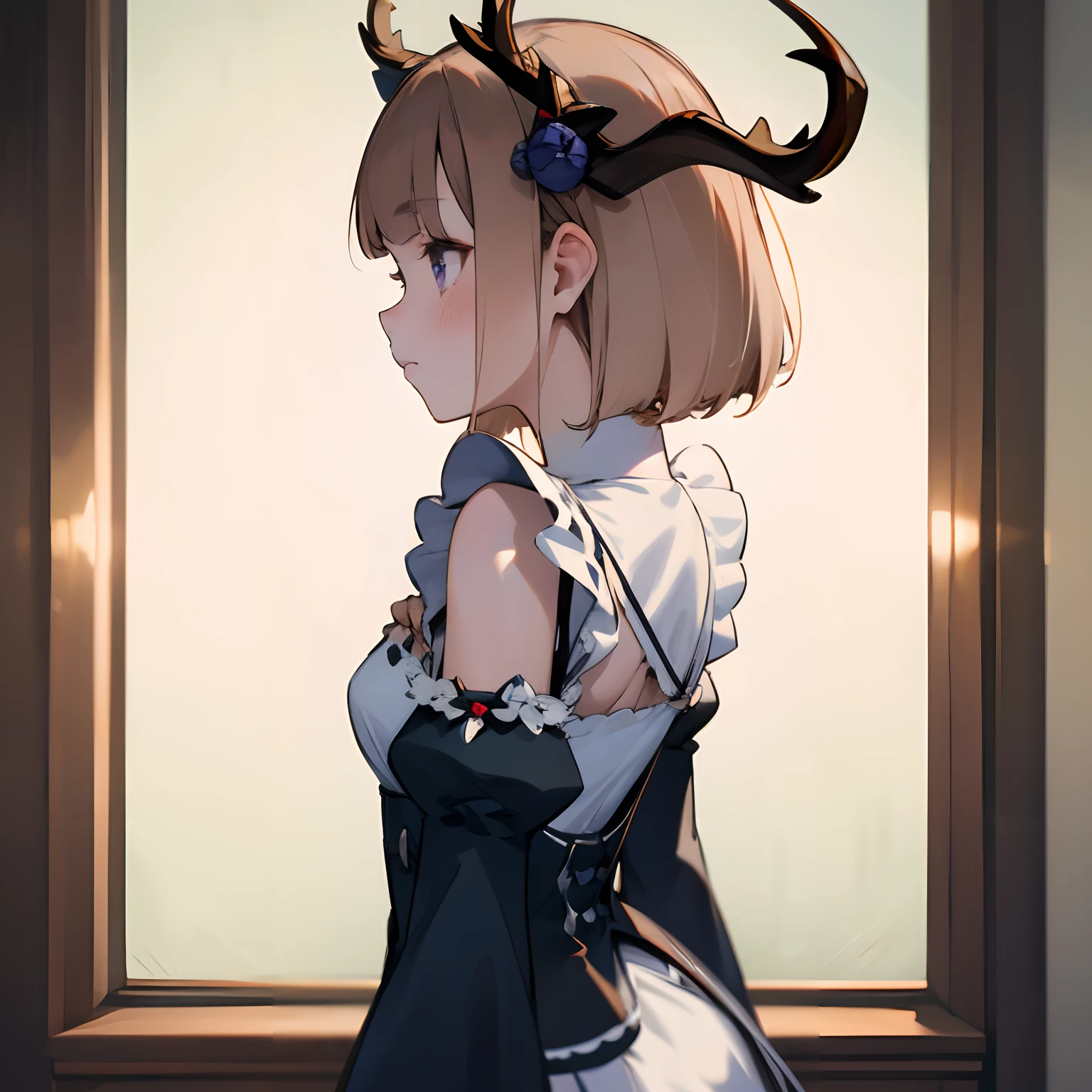 beautiful, masterpiece, best quality, extremely detailed face, perfect lighting, 1girl,deer ears, antlers, brown hair, short hair, blue rose, (roswaal mansion maid uniform:1.3), from behind, shoulder length hair