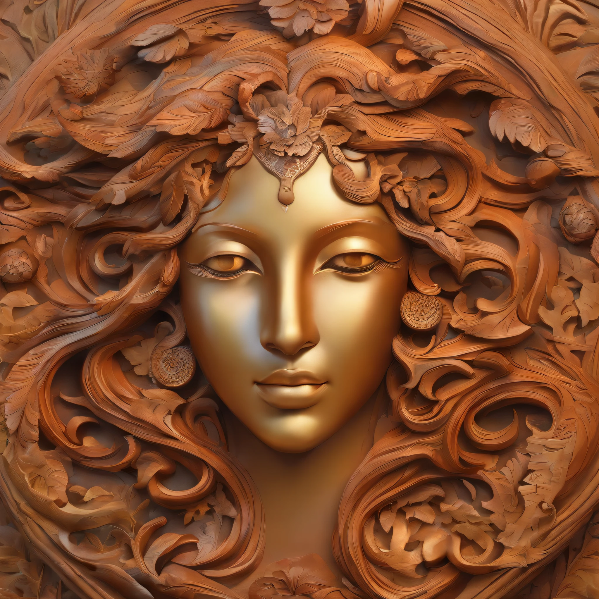 (best quality,ultra-detailed),(realistic:1.37),wooden texture,carved details,life-like pose,captivating eyes,detailed facial features,curly hair,artistic lighting and shadows,natural environment,peaceful garden setting,vibrant colors,fine craftsmanship,professional woodwork,organic and textured,sculptural masterpiece,high contrast,dynamic composition,eye-catching artwork,expressive and lifelike wood figure,impressive attention to detail,harmonious blending of colors,exquisite artistry,immaculate finish,impressive depth and dimension,fine art sculpture,visually stunning.