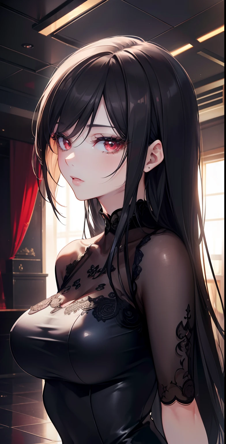 (best quality,4k,high resolution,masutepiece:1.2),ultra-detailed,realistic:1.37,3d rendering,(beautiful detailed eyes),(beautiful detailed lips),long black hair,(slender,toned body),( Seductive and sophisticated style),red eyes,(sexy outfit),(portrait),(vivid colors),(studio lighting),Huge ceiling