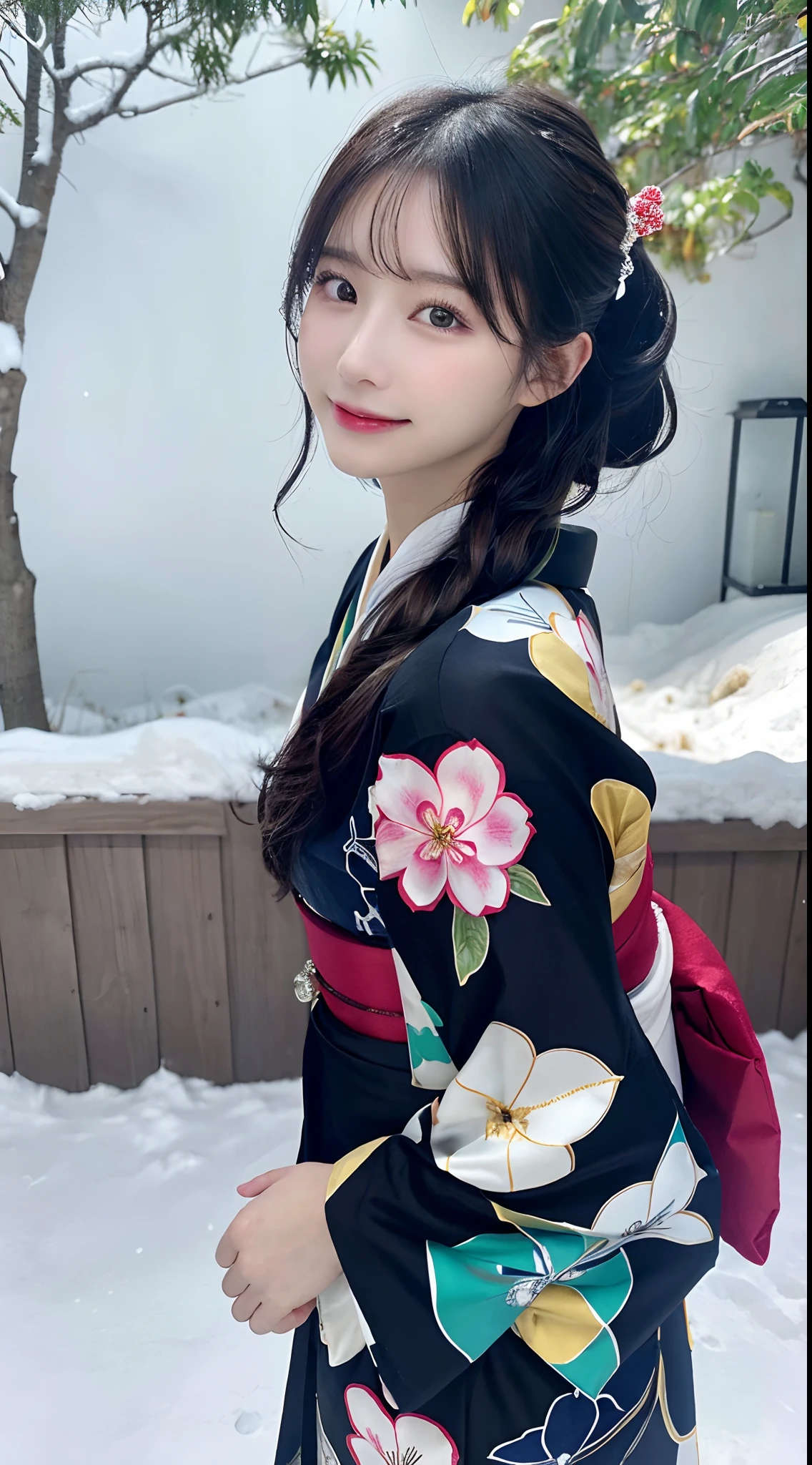 (Kimono)、、(top-quality,​masterpiece:1.3,超A high resolution,),(ultra-detailliert,Caustics),(Photorealsitic:1.4,RAW shooting,)Ultra-realistic capture,A highly detailed,high-definition16Kfor human skin、 Skin texture is natural、、The skin looks healthy with an even tone、 Use natural light and color,One Woman,japanes,,kawaii,A dark-haired,Middle hair,(depth of fields、chromatic abberation、、Wide range of lighting、Natural Shading、)、、(Falling snow:1.2)、(Hair swaying in the wind:1.2)、(Snow reflects light:1.2)、Back lighting、Slightly open mouth、Surprised look、Happy expression、Facing the front