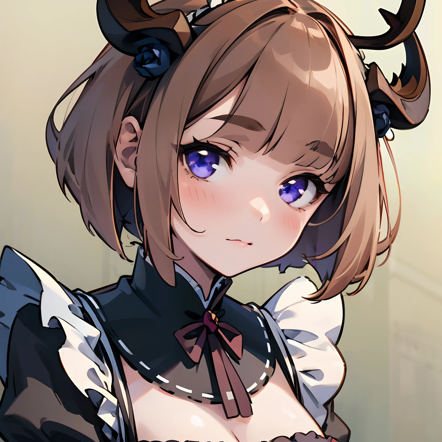 beautiful, masterpiece, best quality, extremely detailed face, perfect lighting, 1girl,deer ears, antlers, brown hair, short hair, blue rose, (roswaal mansion maid uniform:1.3), face closeup, cleavage, looking at viewer