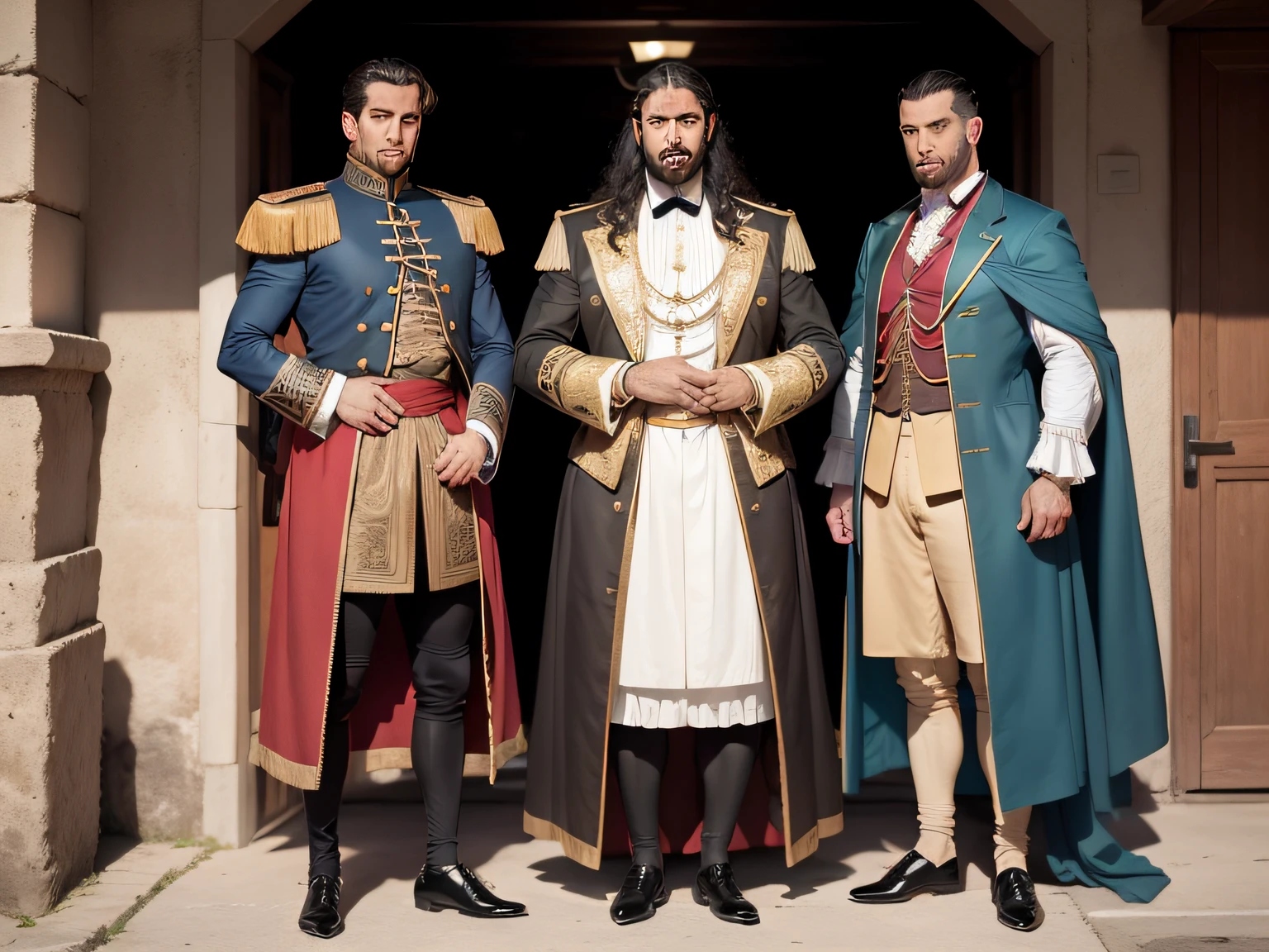 3 Portuguese, Typical male clothing of the time, 1700, from the nobility, short hair, heavy coat, with a skirt that reached the legs, up to the knees. Men also wore shoes with toes up in Rio de Janeiro in front of a fish market