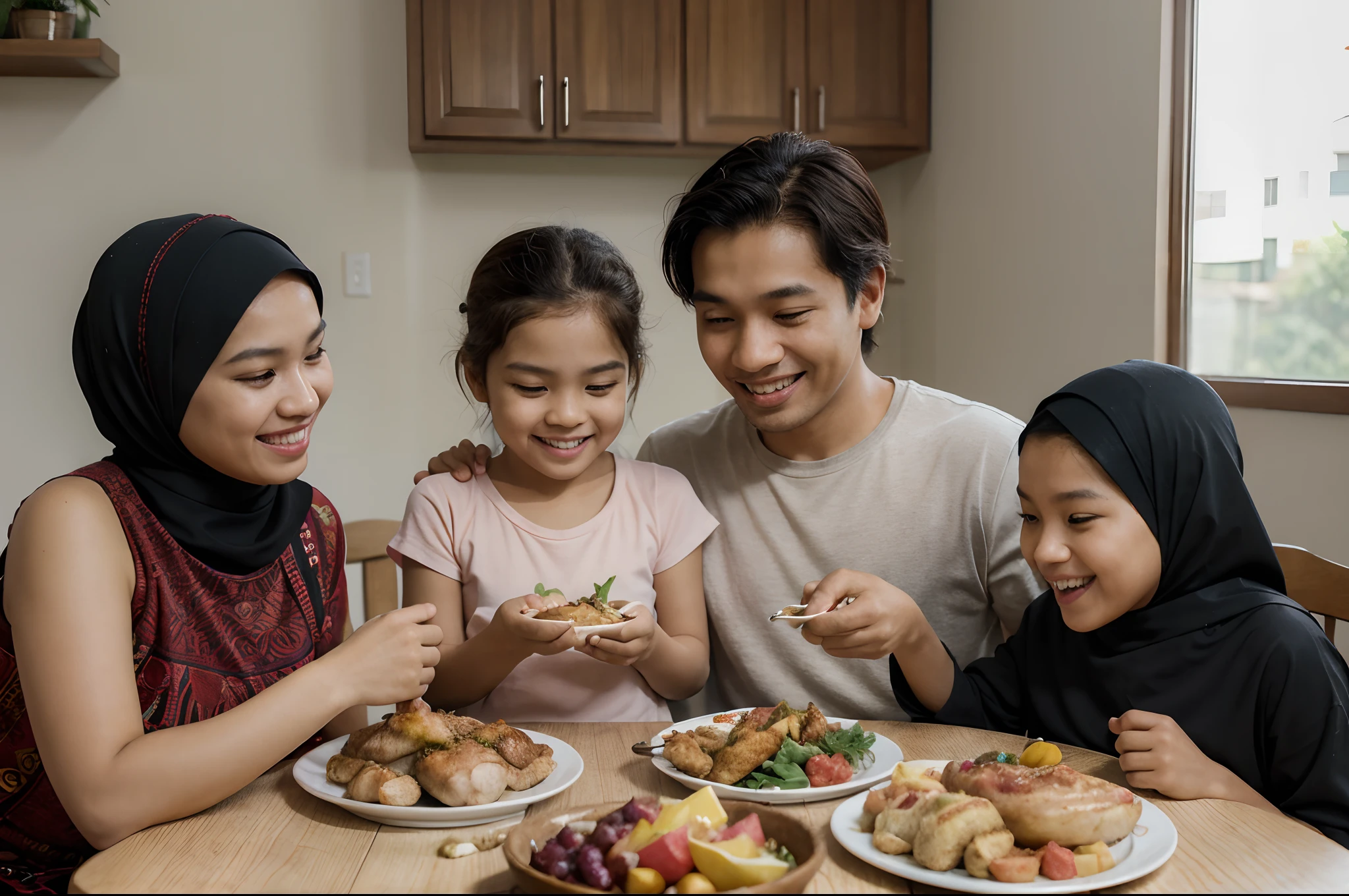 Generate a photorealistic scene of a joyful malay family seated around a well-laid dining table, featuring 1 father, 1 mother in hijab, 1 little daughter, and 1 little son. They are all smiling and sharing a delicious roasted chicken, with warm, natural lighting filling the room to create a bright and happy atmosphere, style raw, pastel color grading, Super 50mm lense, close-up, Deep Focus cinematography effect,high quality,