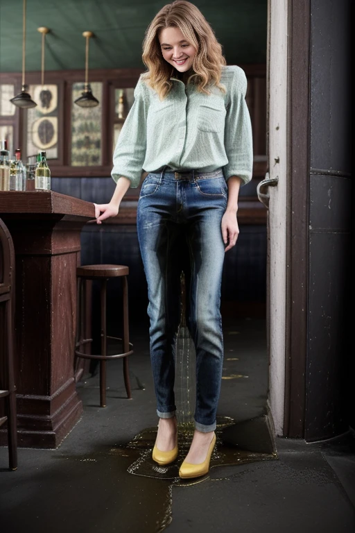 (((three women in a bar drinking beer))), blue eyes, shoulder length curly red hair, white high heels, ((faded skinny jeans)), mint green button down blouse, inviting smile, peeing self, pee, wetting, yellow pee running down legs, pee in shoes, standing in puddle of pee, ((NSFW)),  ((pee spreading onto hips)), ((shins soaked with  pee)), ((jeans soaked with  pee)), bright lighting