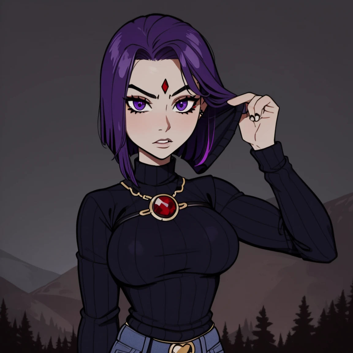 Raven, teen titans, purple sweater, jeans, jeans, jeans, nice ass, goth girl, autumn forest background, detailed, detailed, detailed, beautiful, detail, goth girl, masterpiece, purple clothes, red jewel centre head, dark night background, gothic, goth, goth, detailed, goth girl, piercings, detailed face, looking viewer, raven, (Dark eye shadow) dark eye shadow, black eye shadow, sweater, jumper, sweater, sweater