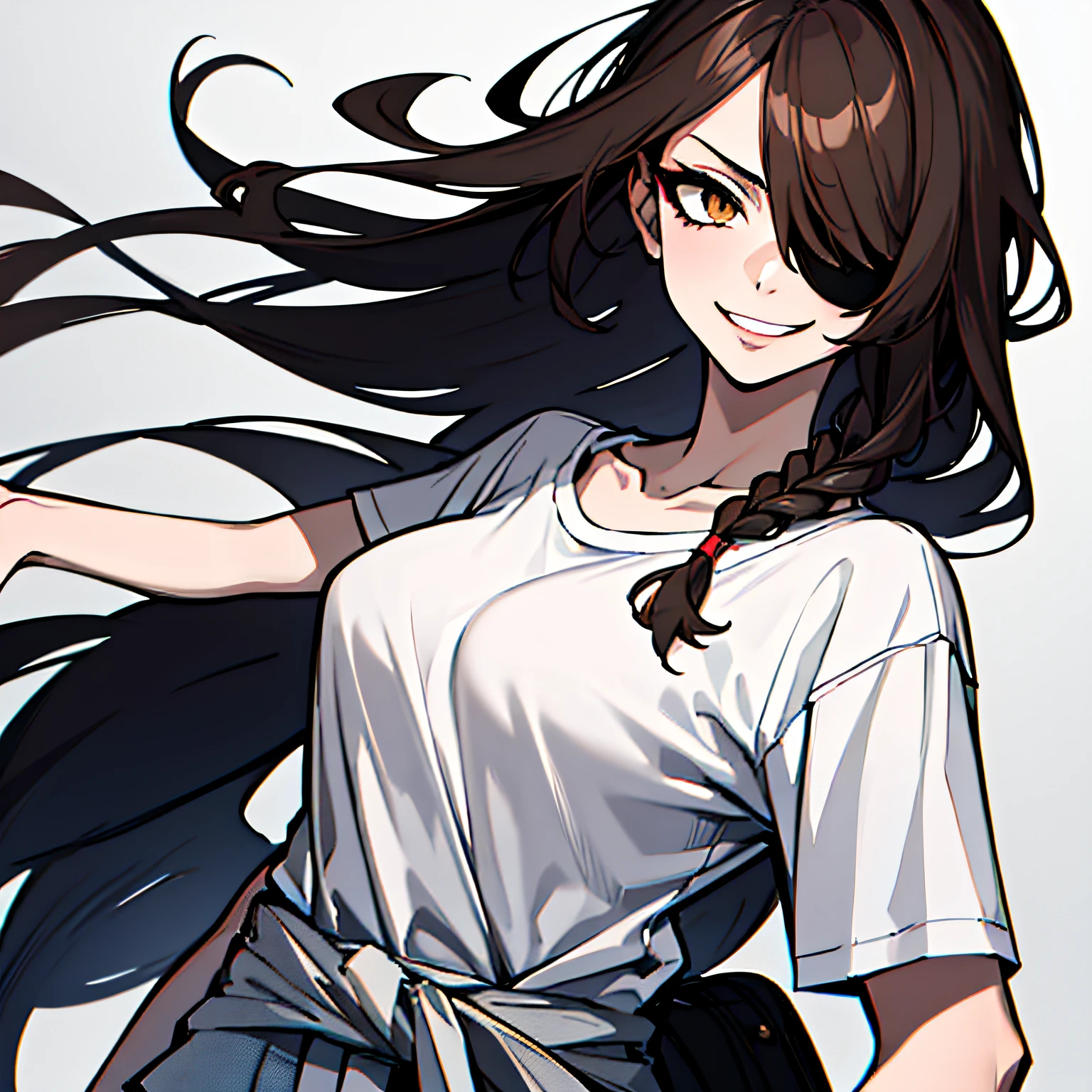 (absurdres, 8k, 4k, masterpiece, hyper extreme detailed:1.2), solo, 1girl, front view, portrait, best quality, expressive eyes, perfect face, 1girl, portrait, solo, standing, Female, toned body, mature female, medium breasts, pale, hair covering one eye, dark brown hair, long hair, eyepatch, sarcastic, snarky, soldier, adult, hazel eyes, shorts, delinquent, sarcastic, white jacket tied around waist, graphic t-shirt, smirk, crazy eyes, messy hair, swept bangs, half body, perfect anatomy, front view, , leaning back, braided hair,