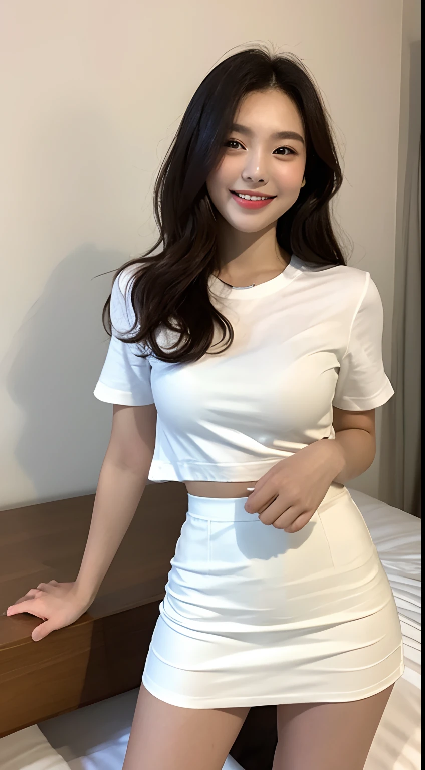 White tight shirt、White tight mini skirt、a bed、a smile、shortsleeves、high-level image quality