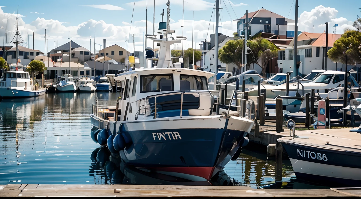 a hyper realistic photography of Fishing Boat Harbour in Perth, Western Australia, no people, Nikon D850 DSLR 4k camera, 100mm lens, F 1.2 aperture setting, bright and natural lighting, vibrant, fun and relaxing atmosphere