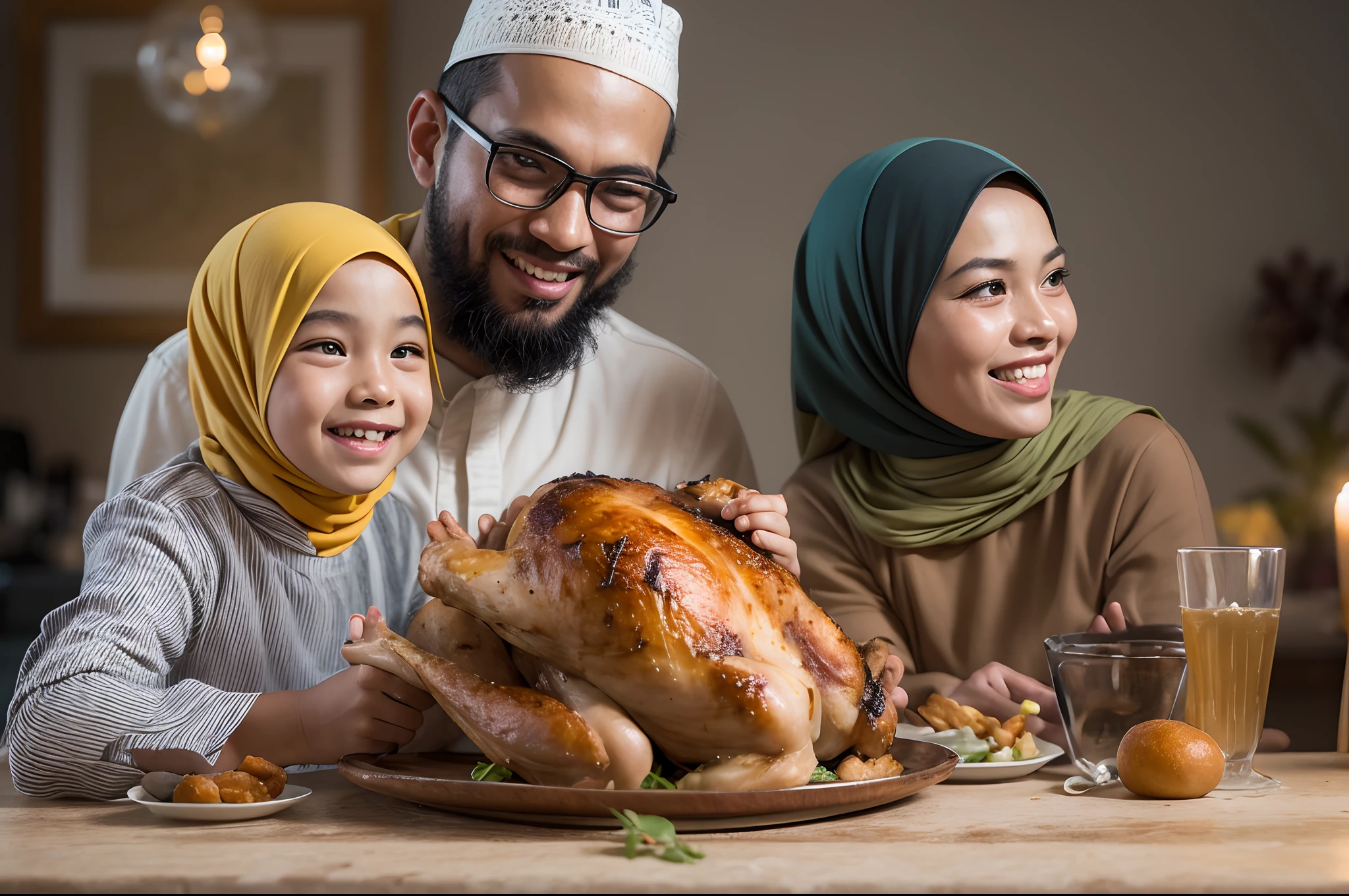 Generate a photorealistic scene of a joyful malay family seated around a well-laid dining table, featuring 1 father, 1 mother in hijab, 1 little daughter, and 1 little son. They are all smiling and sharing a delicious roasted chicken, with warm, natural lighting filling the room to create a bright and happy atmosphere, style raw, pastel color grading, Super 50mm lense, close-up, Deep Focus cinematography effect,high quality,