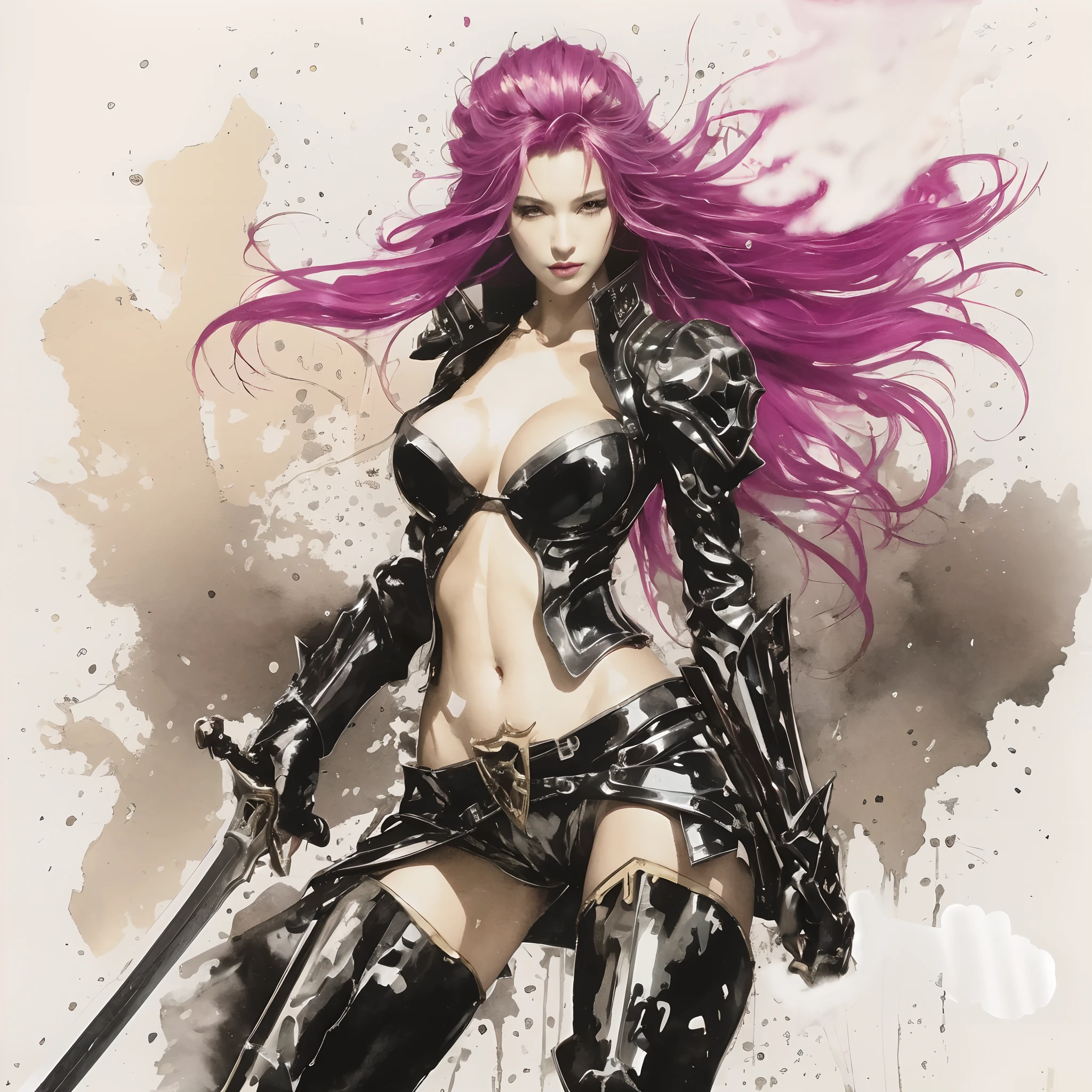 a woman in armor with a sword and a pink hair, wearing black armor with gold trim, jean-sebastien rossbach, beautiful comic art, style of luis royo, boris villejo, in style of luis royo, artgerm greg rutkowski _ greg, gabriele dell'otto, inspired by Masamune Shirow, rossdraws 1. 0, cyberpunk femme fatale