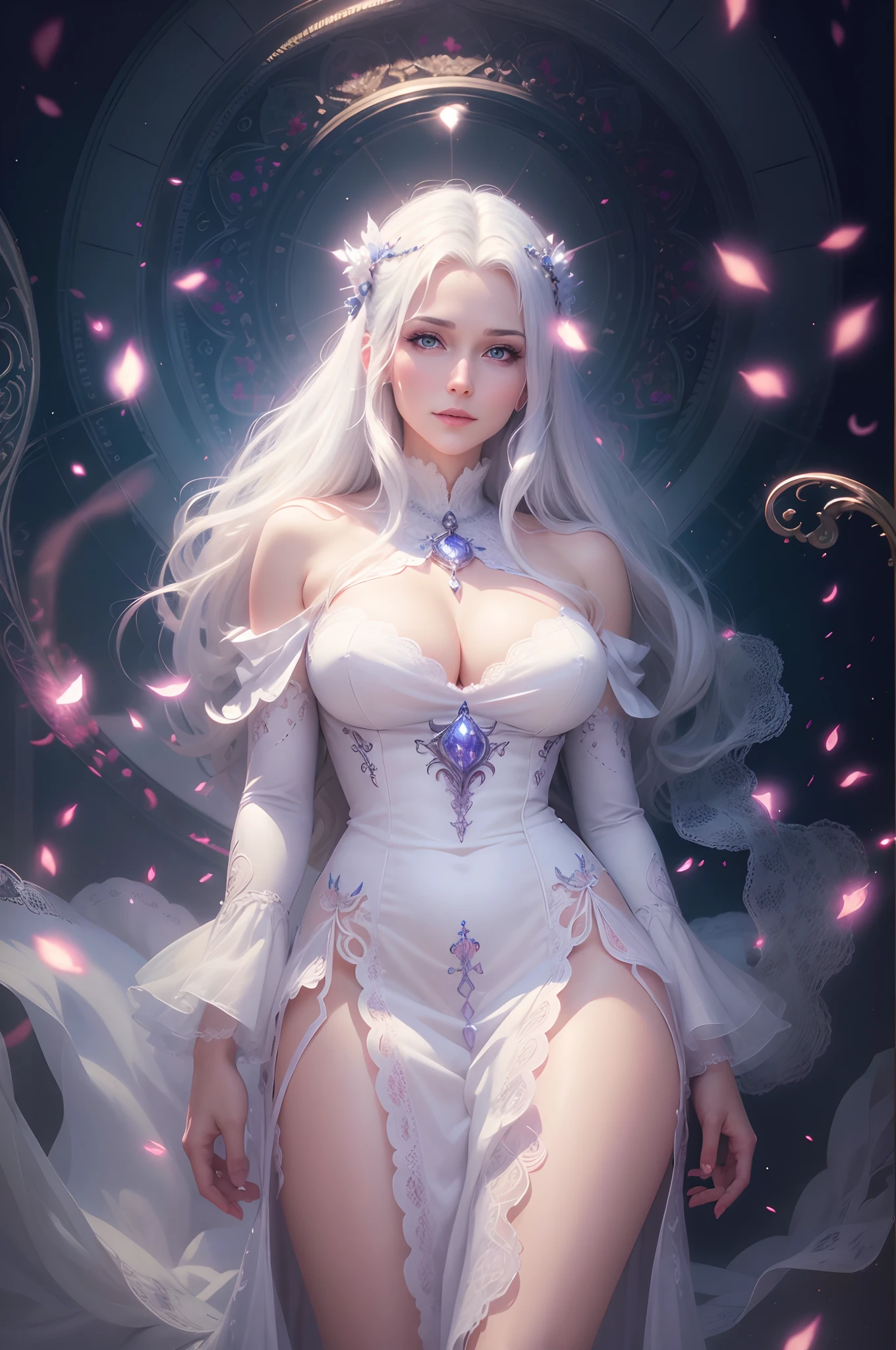 (best quality,4k,8k,highres,masterpiece:1.2), ultra-detailed, (realistic,photorealistic,photo-realistic:1.37), mature milf, illyasviel von einzbern, white hair, full body, vibrant colors, glowing skin, mesmerizing eyes, elegant pose, enchanting background, delicate lace dress, surreal lighting, ethereal atmosphere, mystical aura, intricate details, artistic medium, digital illustration, fantasy, anime