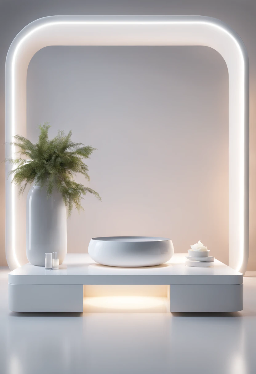 Minimalist stage design for skin care products serenity , stage focus,A single product stage was placed in the middle , digital environment , C4D OctaneRender and BlenderStudio lightinghigh quality, ultra-high definition 32KUHD