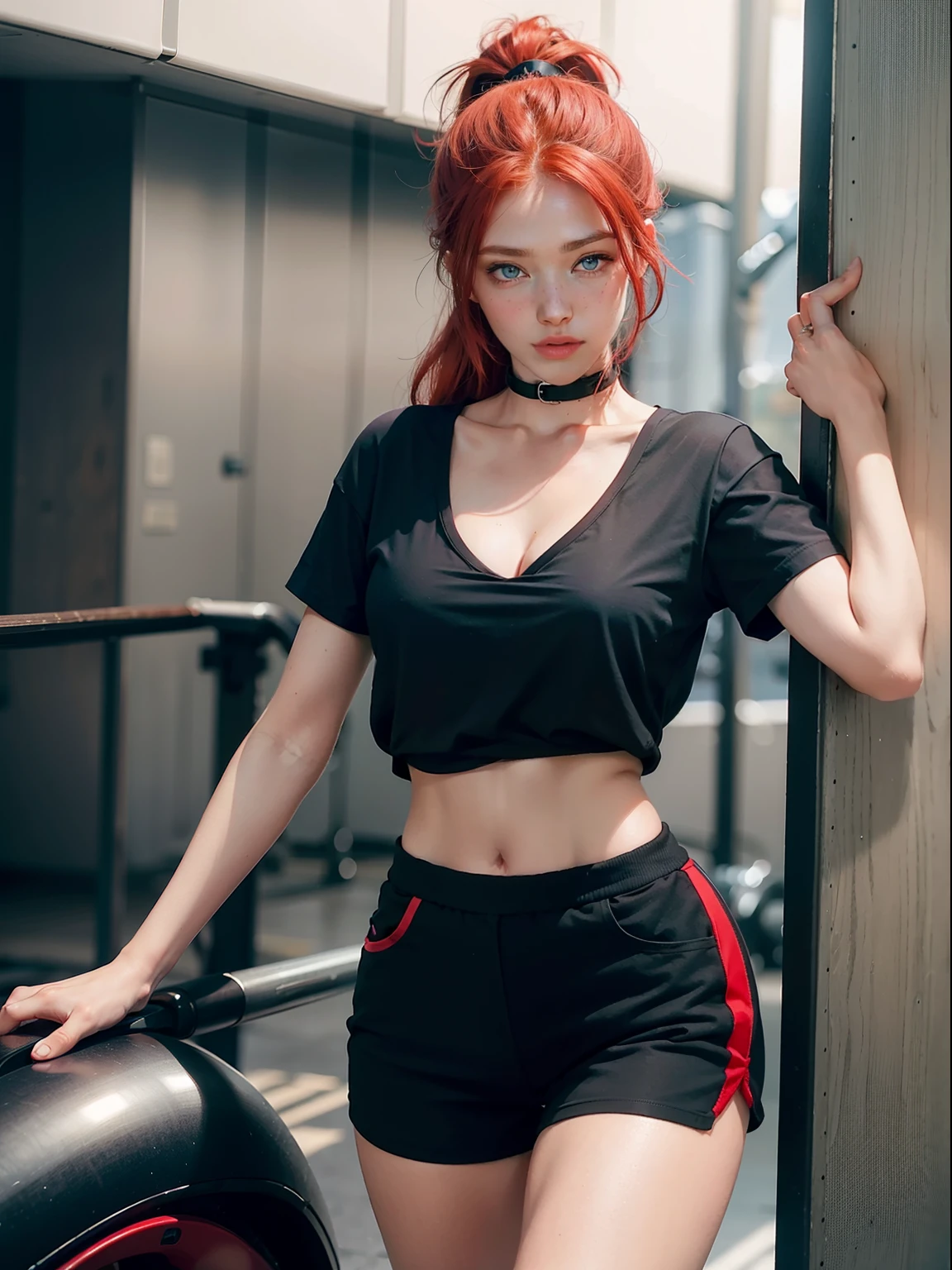 1 girl, Red hair, up do hairstyle, Streaks of hair on the face, Red Eyes, mascara, oversized hoodie, Midriff, Hot Pants, tights, Lace Tights, bags under eyes, Sitting, coffee shop, Ground Angle Shots, Viewer Looking Up, Tights legs, saggy tits, shock, Raw photography, 8K, masterpiece,