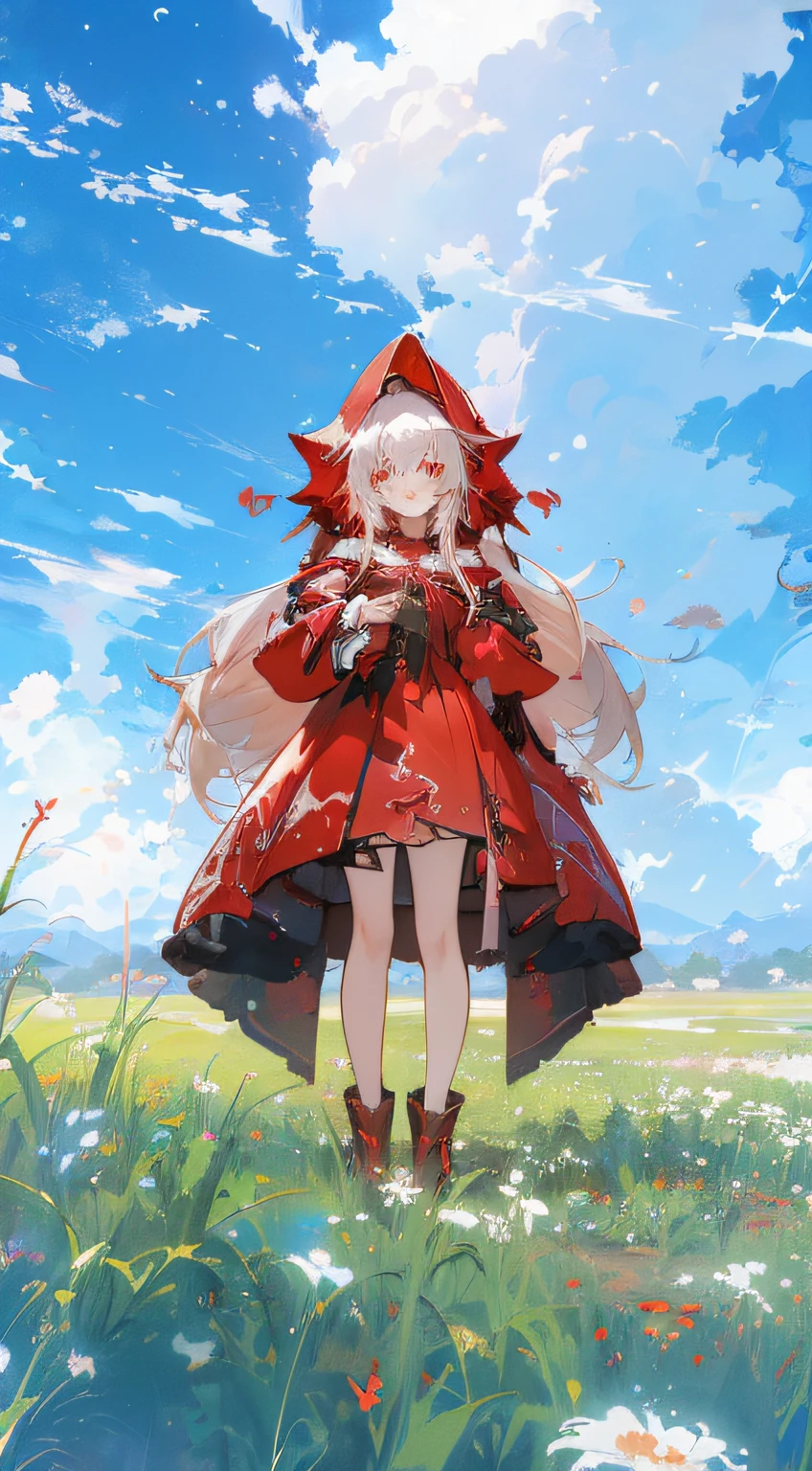 Anime girl in red dress standing in a field with flowers, Guweiz in Pixiv ArtStation, anime visual of a cute girl, Guweiz on ArtStation Pixiv, Splash art anime Loli, Guviz, dressed in a beautiful red cloak, trending on artstation pixiv, small curvaceous loli, Loli