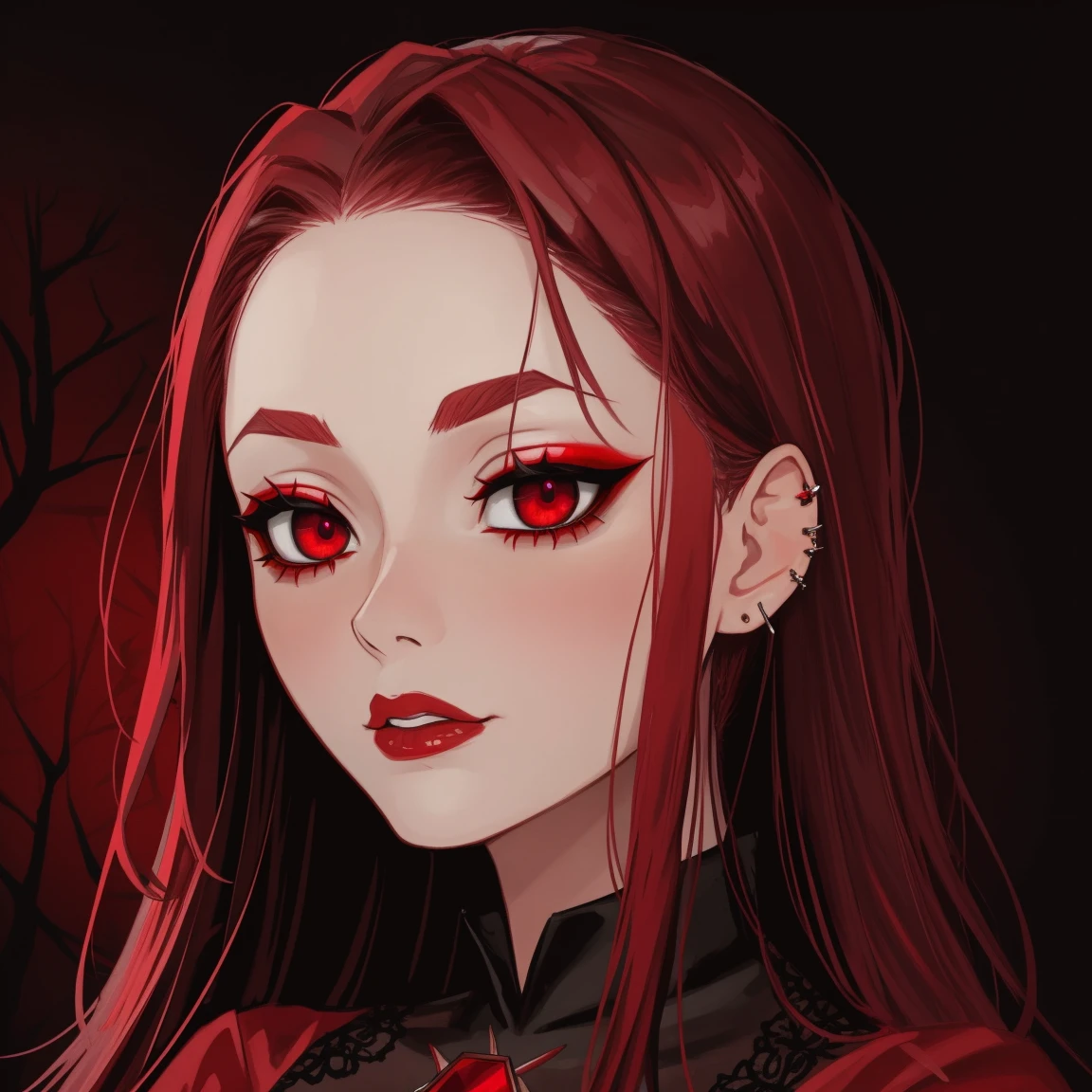 Scarlet witch, goth girl, autumn forest background, detailed, detailed, detailed, beautiful, detail, goth girl, masterpiece, red clothes, red jewel centre head, dark night background, gothic, goth, goth, detailed, goth girl, piercings, detailed face, looking viewer, raven, (Dark eye shadow) dark eye shadow, black eye shadow,