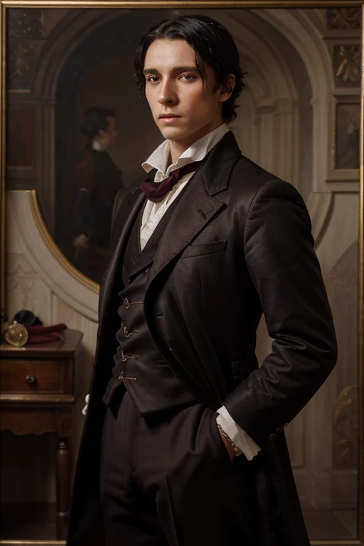 Young English nobleman, late 16th century, tied black hair wite, tied hair, tailcoat, burgundy coat, Serious expression, portrait, oil painting