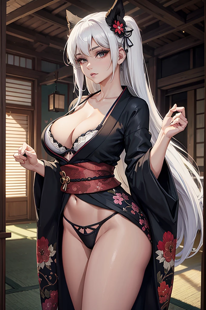 1 girl in black kimono posing for a picture, white hair, open v chest clothes, long hair, kimono, palace, white bra, white thong