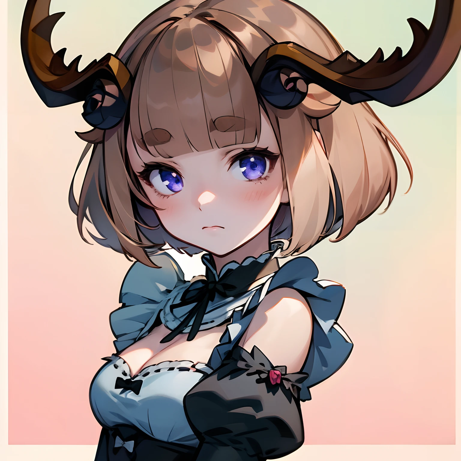 beautiful, masterpiece, best quality, extremely detailed face, perfect lighting, 1girl,deer ears, antlers, brown hair, short hair, blue rose, (roswaal mansion maid uniform:1.3), face closeup, cleavage, looking at viewer, full body