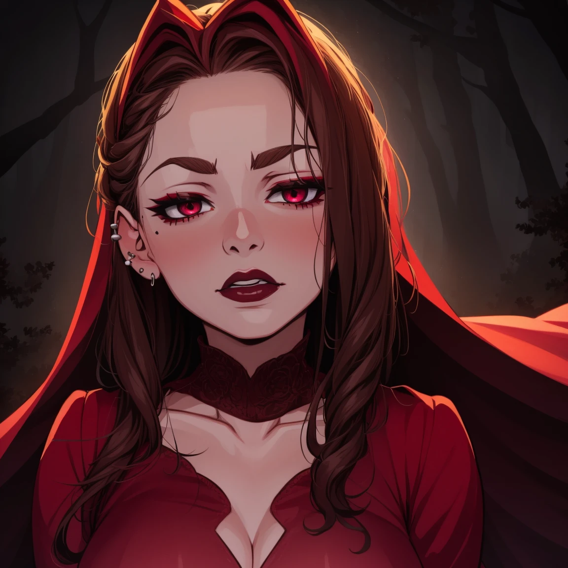 Scarlet witch, goth girl, autumn forest background, detailed, detailed, detailed, beautiful, detail, goth girl, masterpiece, red clothes, red jewel centre head, dark night background, gothic, goth, goth, detailed, goth girl, piercings, detailed face, looking viewer, raven, (Dark eye shadow) dark eye shadow, black eye shadow,