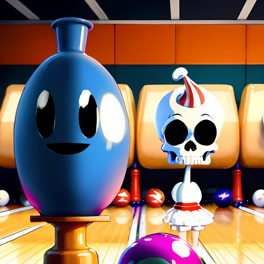 Cuphead style skull head bowling pin with arms and legs