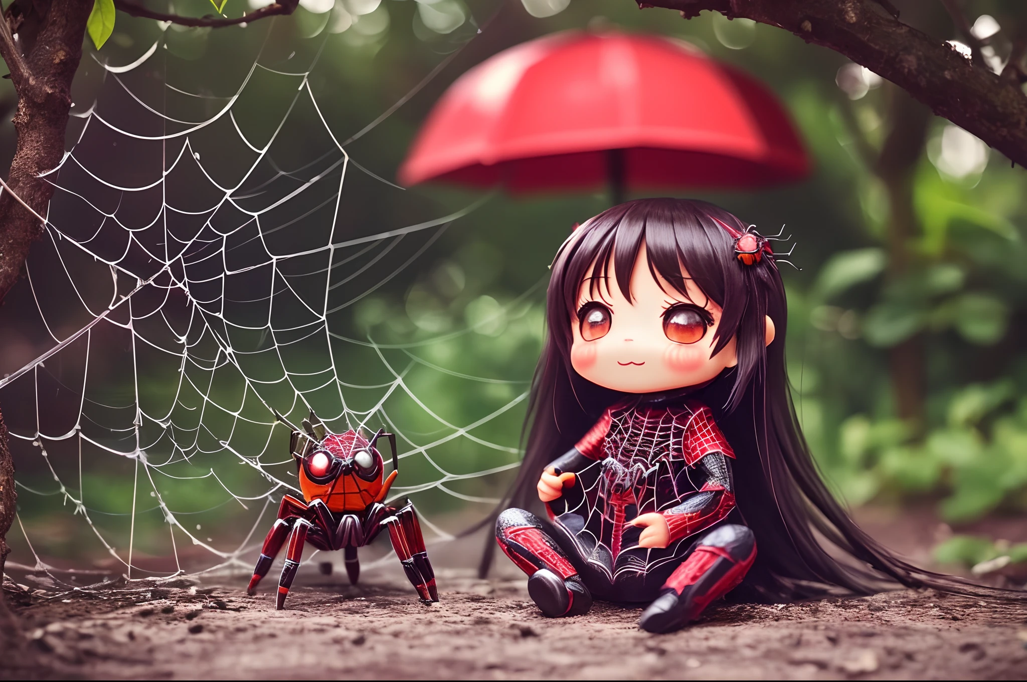 zhibi, chibi, animal spider, small spider, chibi spider, cute happy spider, sitting in a spiderweb