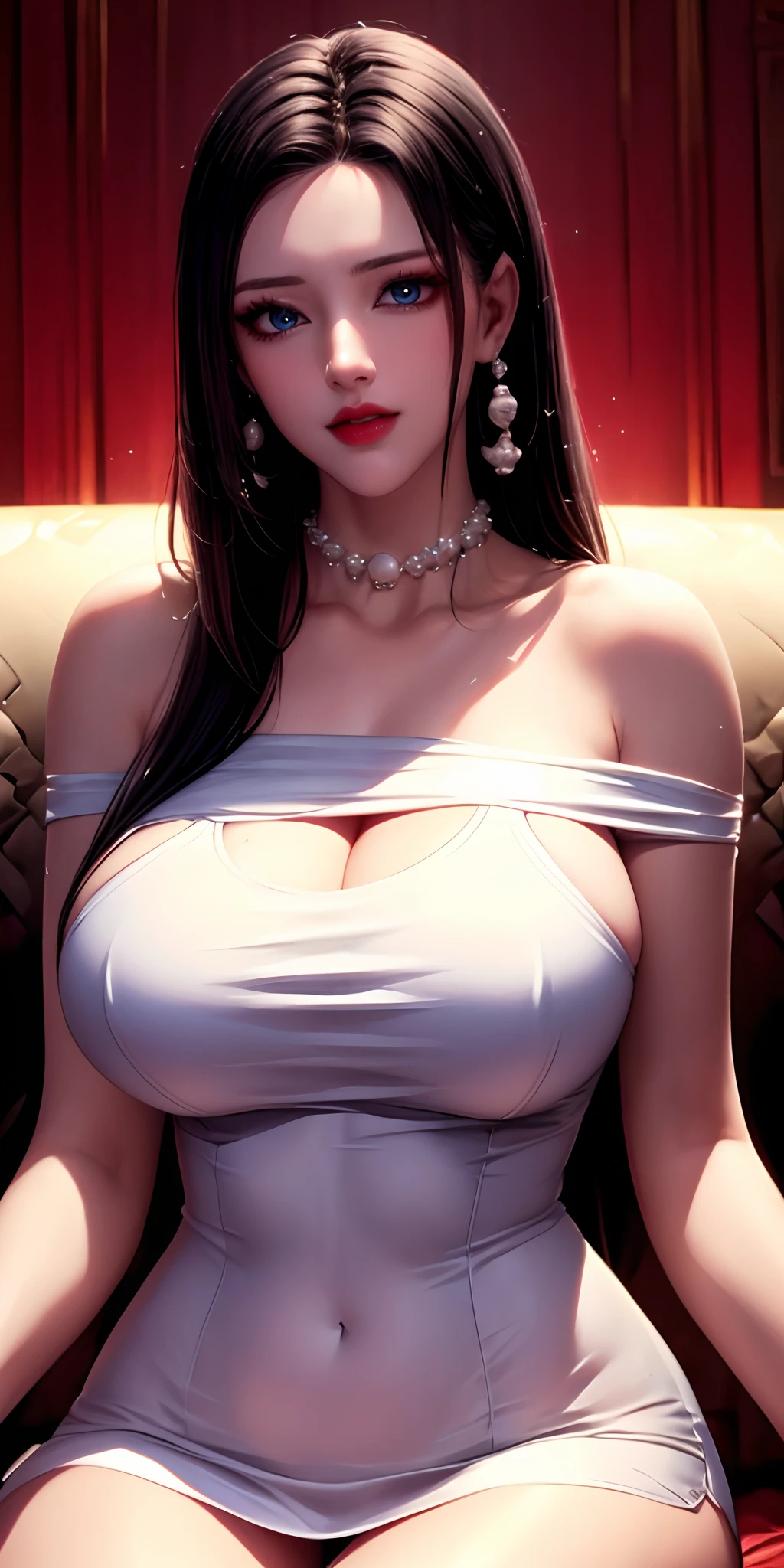 （（（boa hancock，under below,Black hair,Long hair,eardrop,Pearls and jewelry））），((Masterpiece)),A high resolution, ((Best quality))，tmasterpiece，top-quality，best qualityer，（（（ Exquisite facial features，looking at viewert,There is light in the eyes，laughingly，self-assured ））），（（（Light and shadow interlace，huge boob））），（（（A woman in a dress sits on a sofa，Wear red lipstick, wearing a cute top, wide neck, sie boob,  thick collar, Clothing that exposes, breasts covered and sfw, Busty, mais conhecido como Amouranth, beautiful upper body, Tight shirt, wearing tight shirt, buxom chested,  ）））