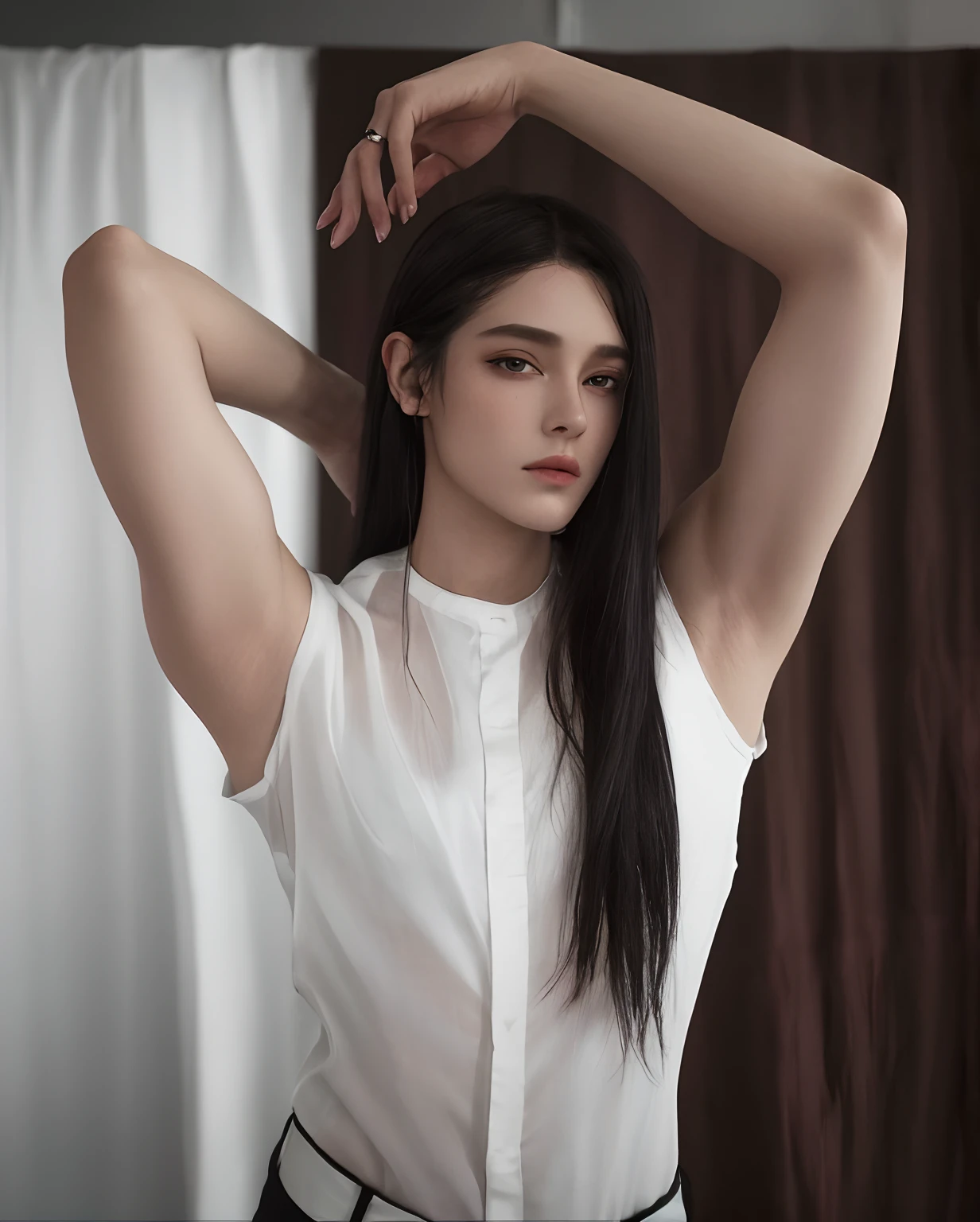 Femme en chemise blanche et pantalon noir posant pour une photo, delicate androgynous prince, Homme androgyne, Portrait Androgyne Fille, Personne androgyne, androgyne, androgynie, Belle fille androgyne, Attractive androgynous humanoid, Beau prince androgyne, An epic, non-binary model, Non-binary model