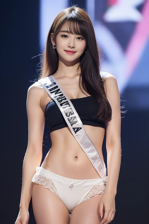 (Miss Universe Awards Ceremony)、(realisitic、Photorealsitic、ultra-detailliert、Highest Details Skins、top-quality、​masterpiece、超A high resolution)、Cute Japan Woman、、hi-school girl、younggirl、Thin makeup、I have bangs、二重まぶた、drooing eyes、Realistic skin type、abdominals、a navel、straight haired、thighs thighs thighs thighs