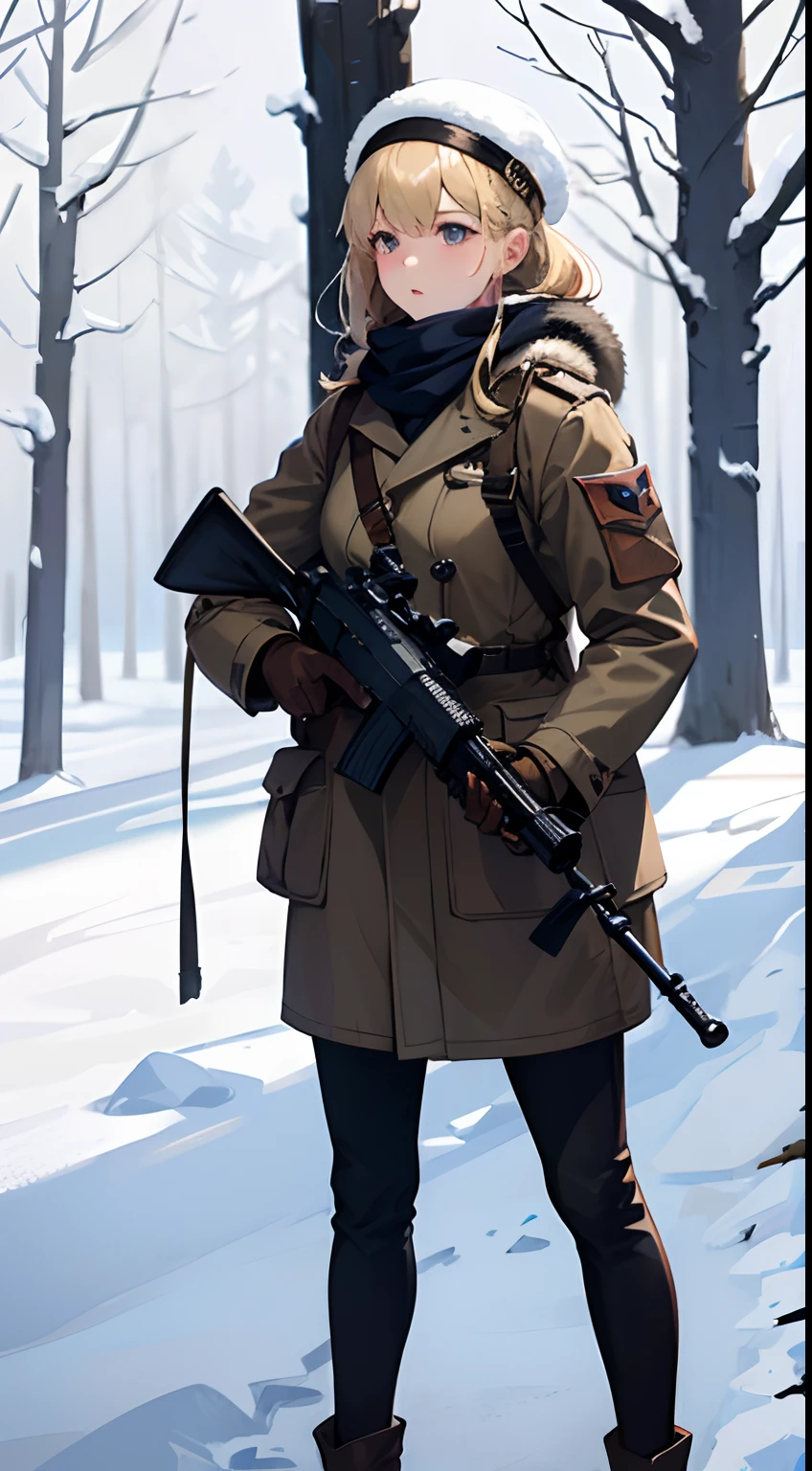 WW1, 1 girl, blond, white ushanka, in snow mountain, White winter coat, white BDU, holding 1 rifle, (best quality, high resolution, perfect quality), (looking afar), blizzard, {{{high detailed rifle}}}