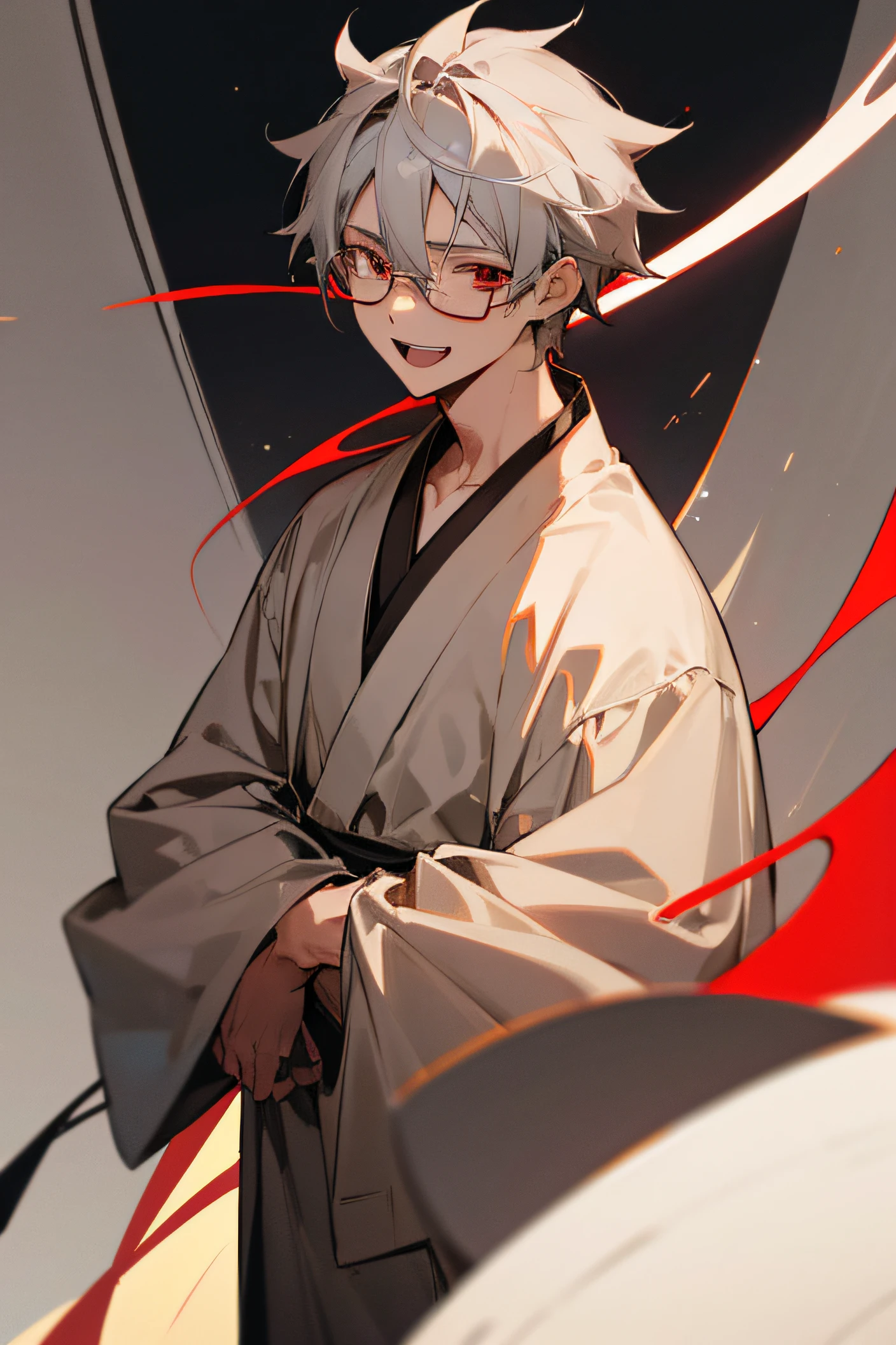 anime boy with grey hair and brown eyes in a grey robe with red eyes, glasses, sophisticated look, laughing.