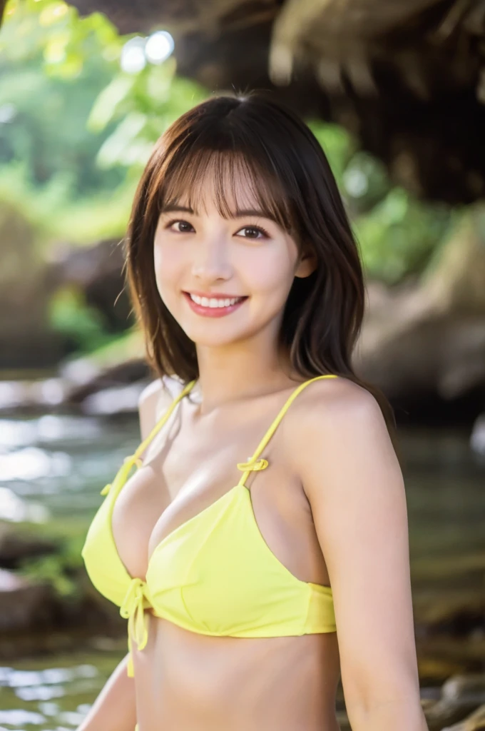 {High quality}, High-quality images, Ultra HD, depth of fields, epicd, Cinematic, 1girl in, Cute face, Solo, Smiling in a yellow bikini,Atmosphere of smiling people looking at the screen under the waterfall,A beautiful and brilliant piece of the whole body