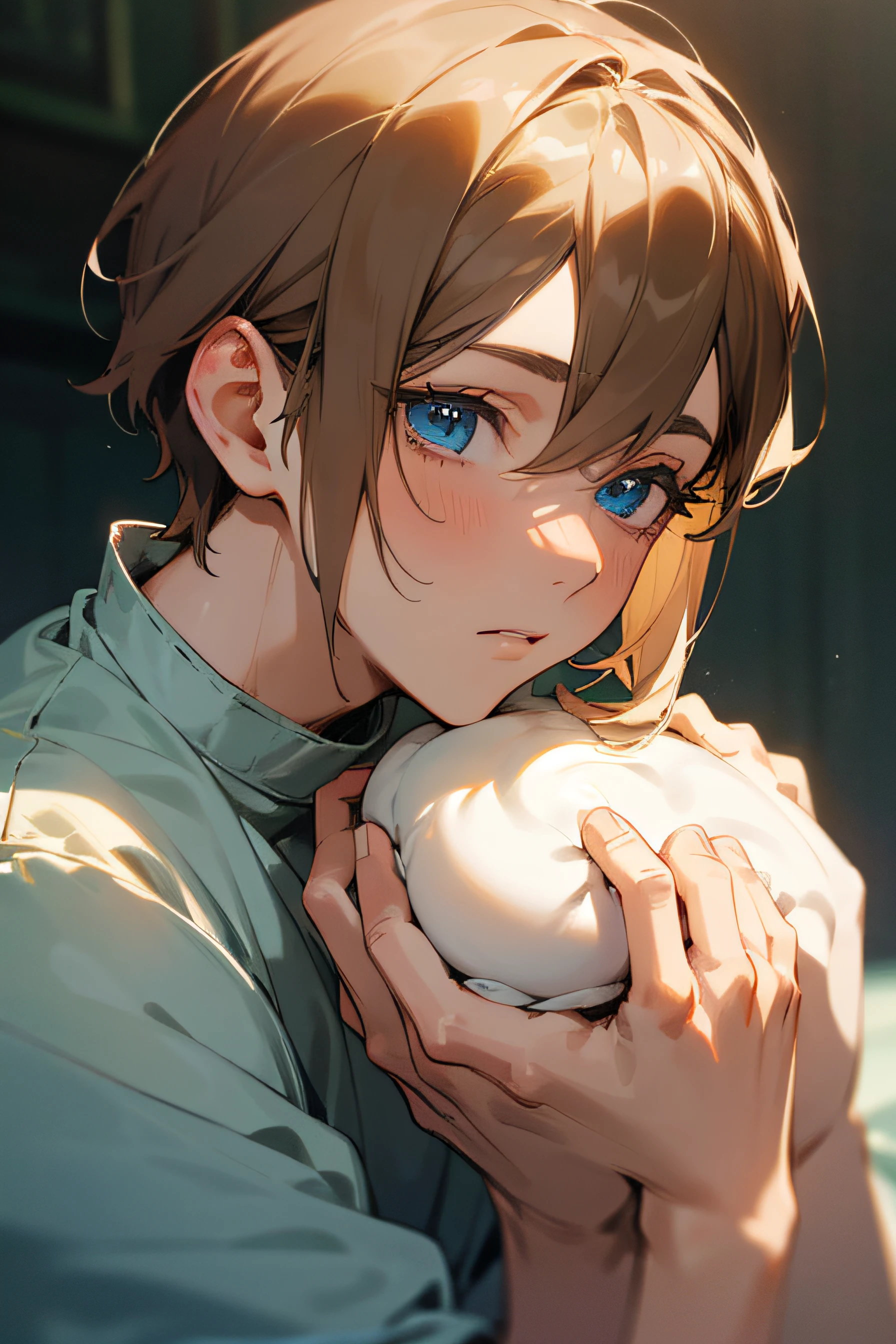 anime boy 23 years old beautiful detailed eyes,long eyelashes, short brown hair, gentle expression,natural lighting,soft colors,subtle shading,skin texture,hands detailing,expressive blue eyes