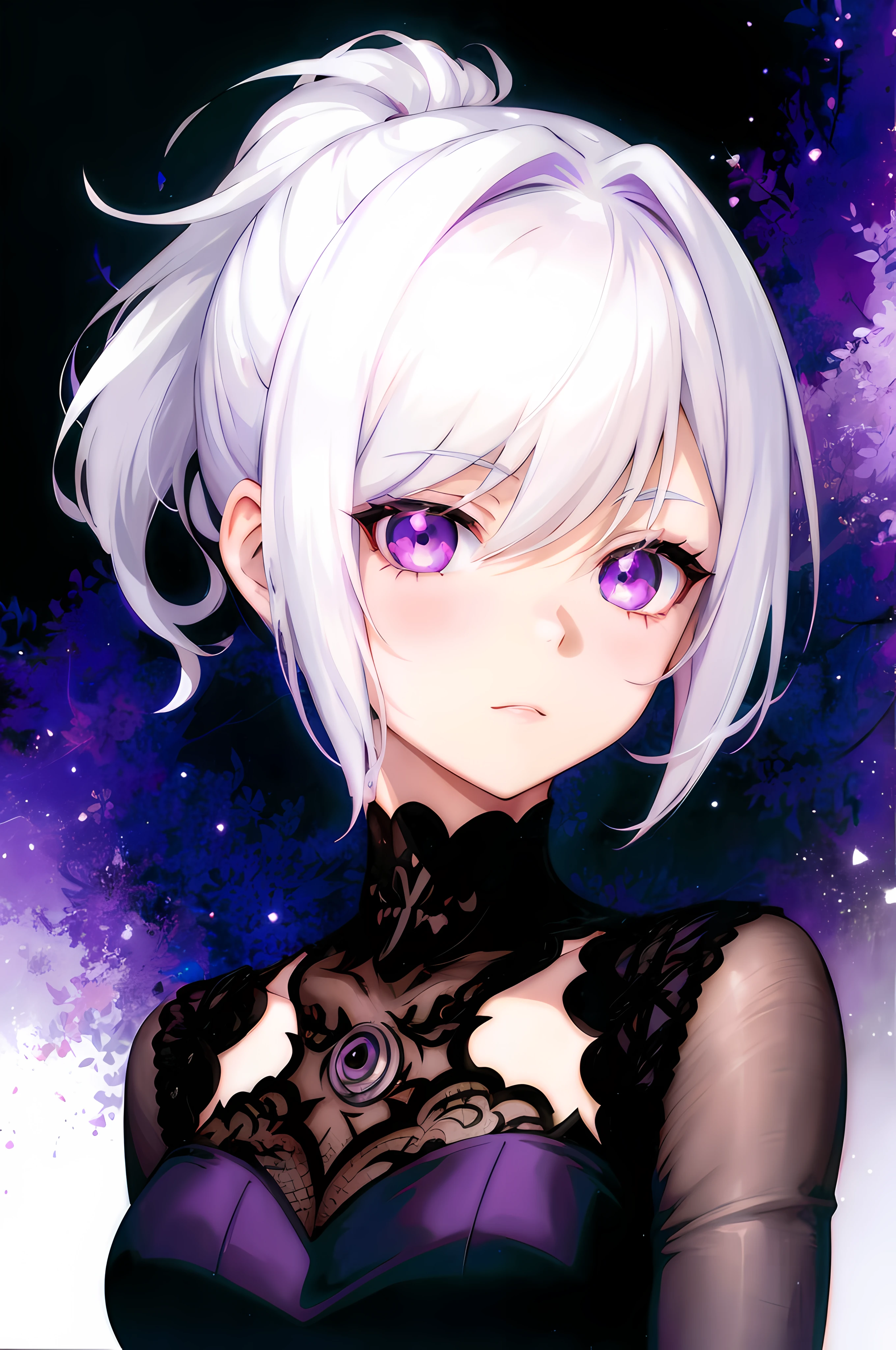 anime girl with white hair and purple eyes in a black dress, girl with short white hair, anime style portrait, girl with white hair, portrait gapmoe yandere grimdark, beautiful anime portrait, anime moe artstyle, portrait anime girl, portrait anime space cadet girl, nightcore, anime portrait, white haired, anime girl portrait, portrait of an anime girl