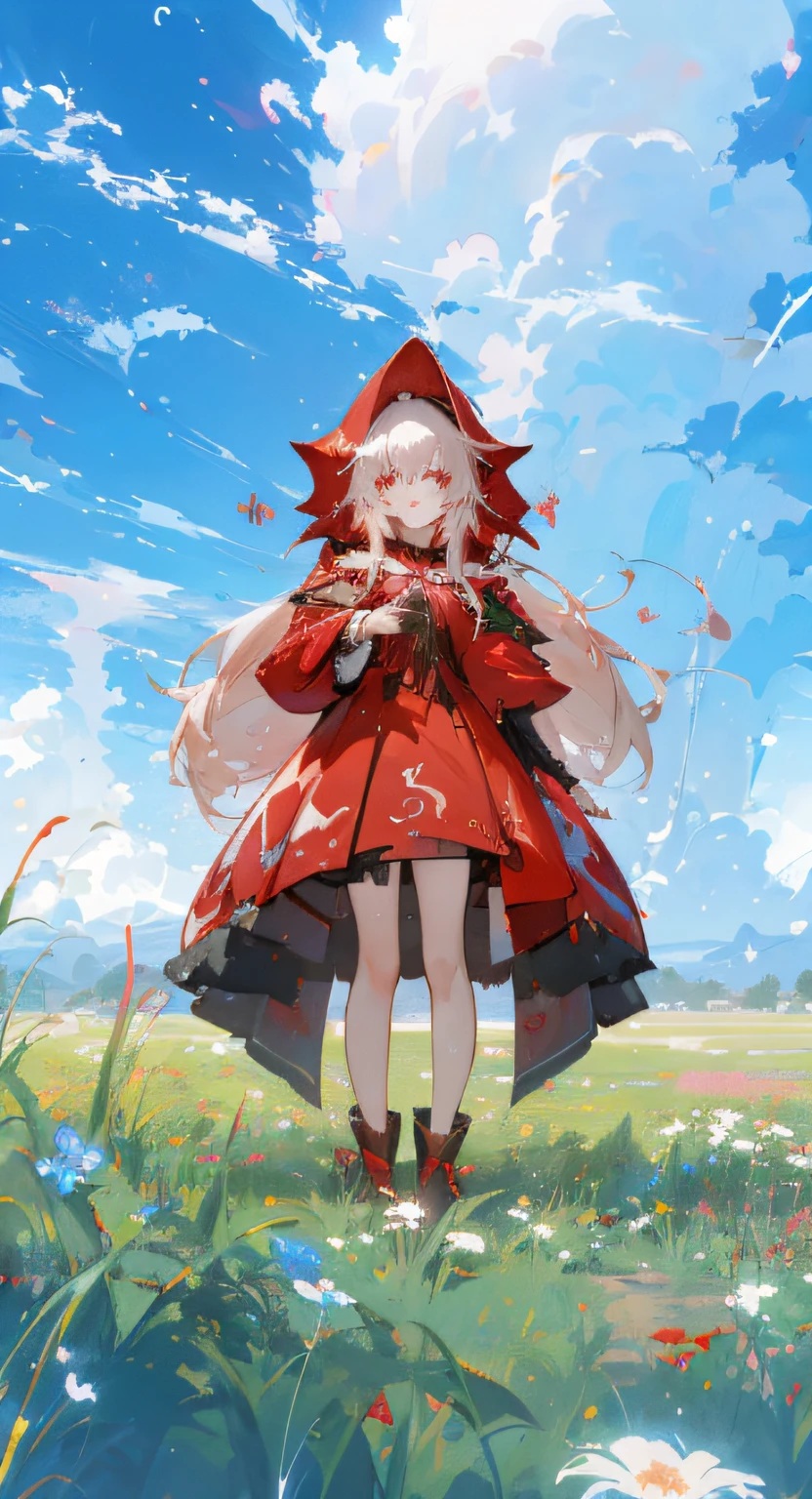 Anime girl in red dress standing in a field with flowers, Guweiz in Pixiv ArtStation, anime visual of a cute girl, Guweiz on ArtStation Pixiv, Splash art anime Loli, Guviz, dressed in a beautiful red cloak, trending on artstation pixiv, small curvaceous loli, Loli