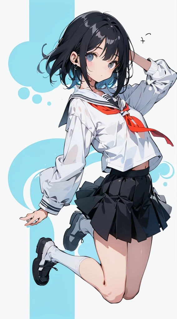 (Top quality illustrations:1.2)、(Cute little girl s:1.0)、(女の子1人:1.0)、(Short black hair:1.0)、(School Uniforms:1.0)、(full body Esbian:1.0)、(ultra-detailliert) 、17 age、If you have headphones、Jumping