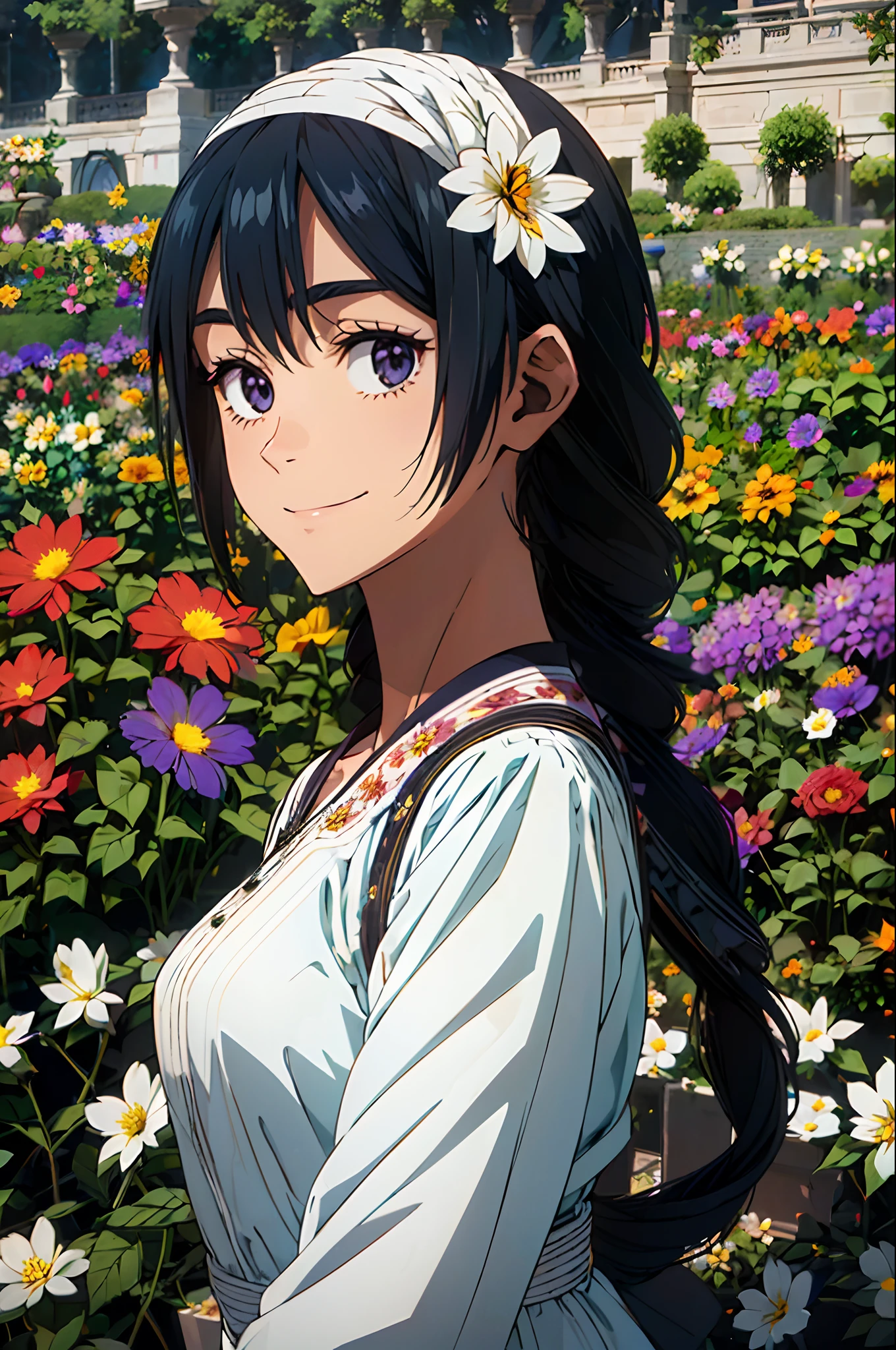 absurderes, hight resolution, (Official art, Beautiful and aesthetic:1.2), (Close View:1.2), Front composition, 
1girl in, (Long hair:1.2), A dark-haired, Hair, Smile, 
(Everywhere in the flower garden:1.6), (Flower Effects:1.2), (Floral background:1.2), (Background filled with flowers:1.4), (Fancy backgrounds:1.1),