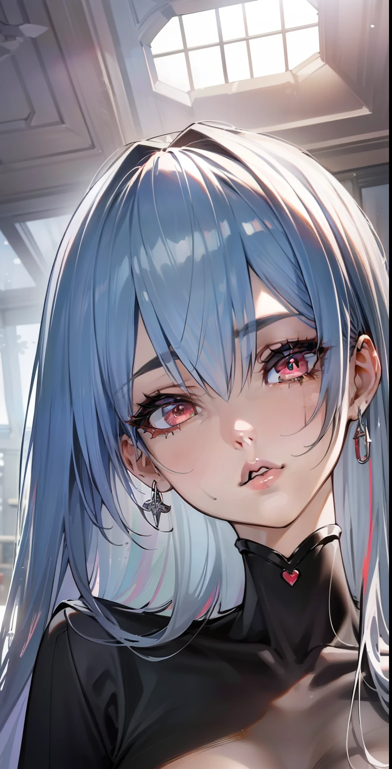 (best quality,4k,high resolution,masutepiece:1.2),ultra-detailed,realistic:1.37,3d rendering,(beautiful detailed eyes),(beautiful detailed lips),long black hair,(slender,toned body),( Seductive and sophisticated style),red eyes,(sexy outfit),(portrait),(vivid colors),(studio lighting),Huge ceiling