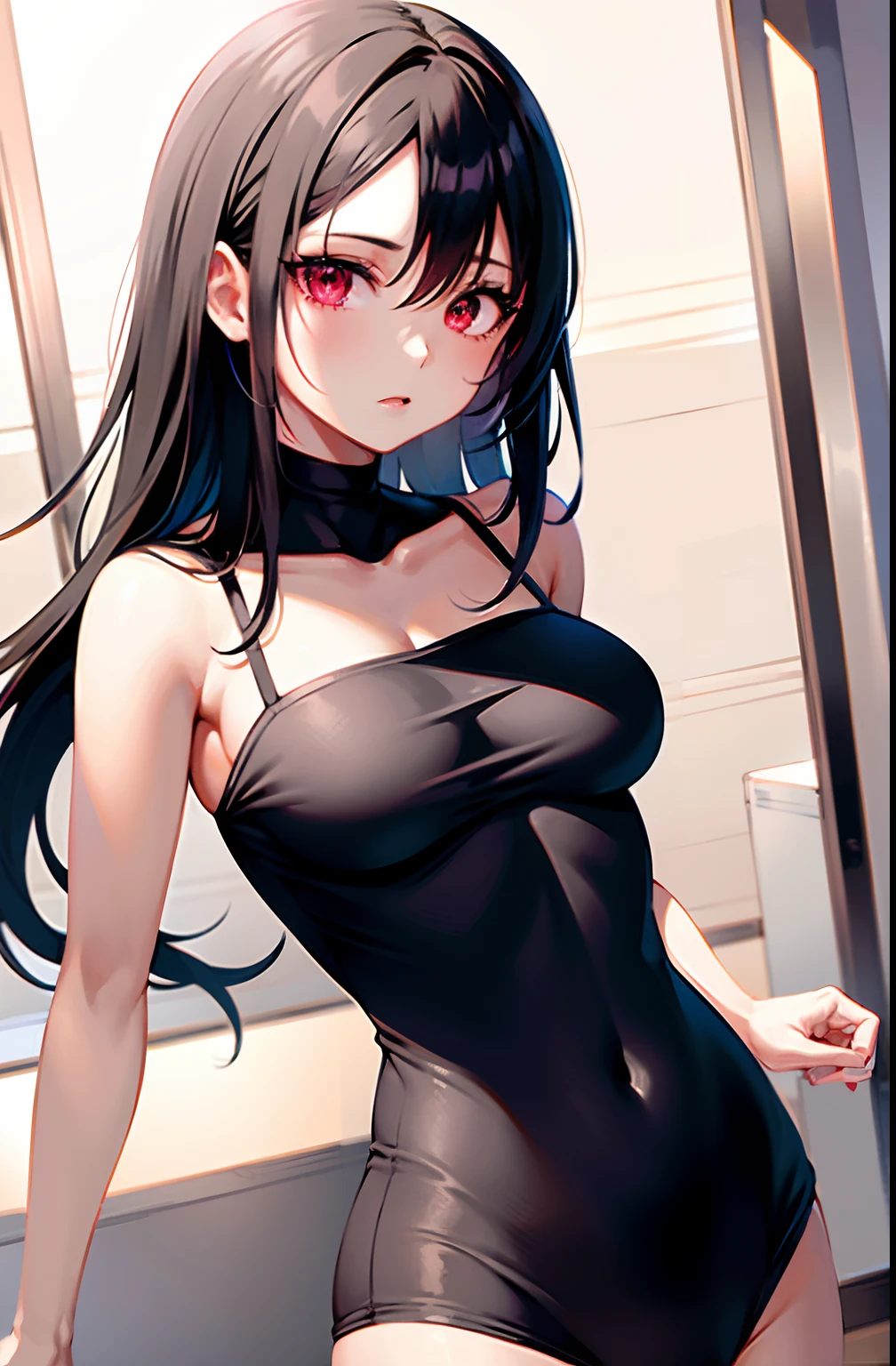 mejor calidad, ultra-high-resolution, 1 girl in, camisa blanca sin mangas con botones, falda negra, gargantilla negra, lindo, (Kpop idol), (aegyo sal: 1), (pelo rubio platino: 1), ((ojos hinchados)), mirando en el espectador, cuerpo completo, mirando hacia el frente ,Sakura Haruno