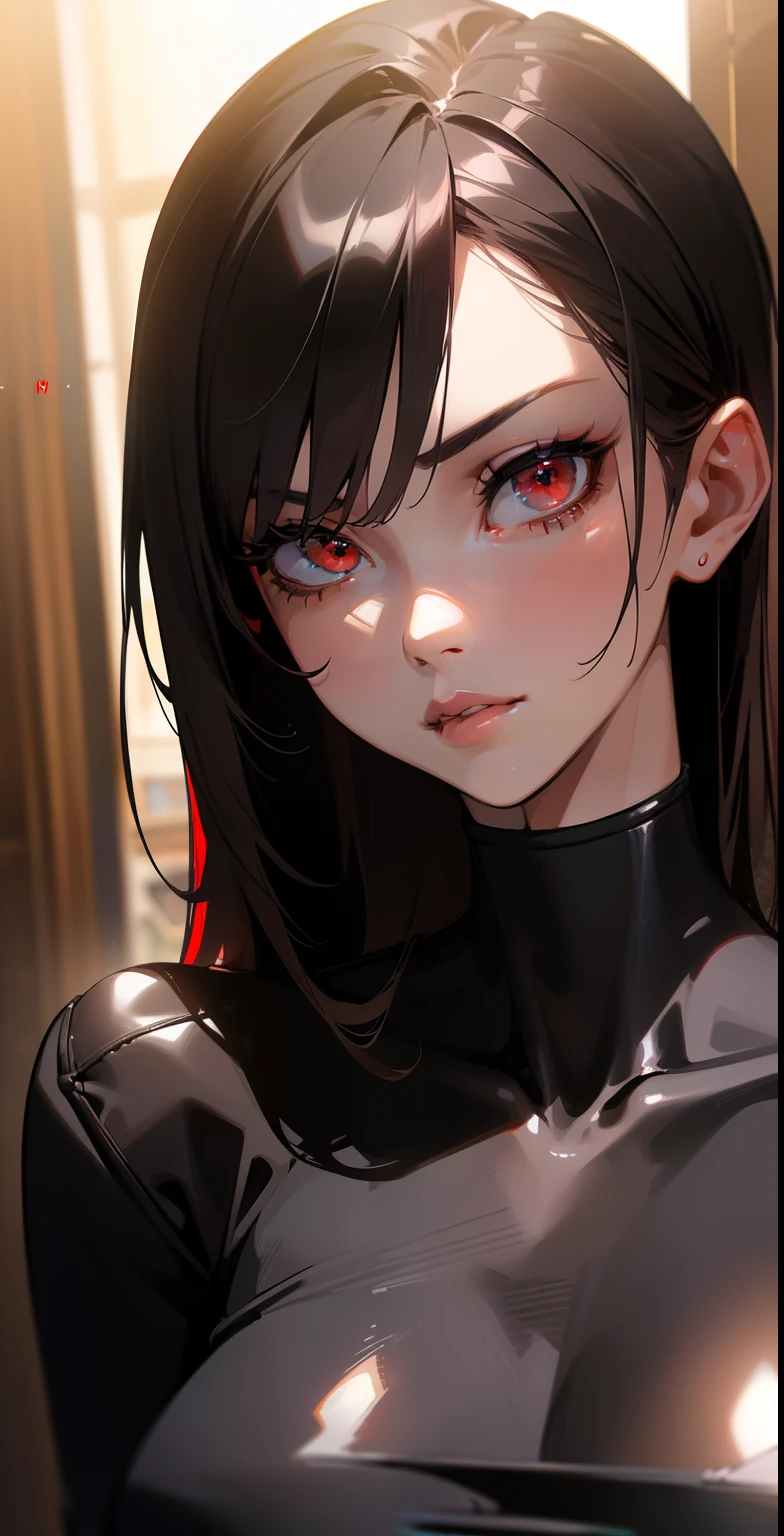 (best quality,4k,high resolution,masutepiece:1.2),ultra-detailed,realistic:1.37,3d rendering,(beautiful detailed eyes),(beautiful detailed lips),long black hair,(slender,toned body),( Seductive and sophisticated style),red eyes,(sexy outfit),(portrait),(vivid colors),(studio lighting),Huge ceiling