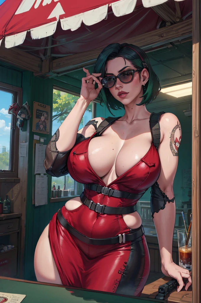 Roulette, sunglasses, red dress, tattoo, milf, masterpiece, best quality, extreme detail, 8k, image sharpness, (curvy), nude, huge breasts, puffy tits, wide hips, ela_(rainbow_six_siege), masterpiece, best quality, 1girl, solo, green hair, realistic, short hair,(insanely detailed, beautiful detailed face, beautiful detailed eyes, masterpiece, best quality)