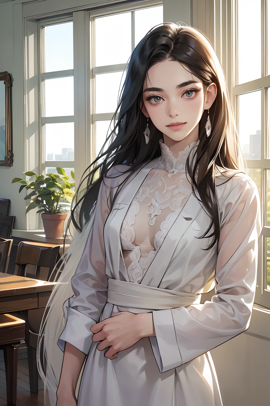 (masutepiece, Digital Art, Digital Illustration, 4K, 8K, Ultra-detailed, beautiful image, Sharp Image, Photorealistic, Raw photo, Perfect face, Perfect lines, Perfect eyes, Soft lighting) ,Furniture of the near future,livingroom,Designer Mansion,Functional and open kitchen,designer furniture,Kitchen Island,small plants,Crystal clear lighting,Open white walls,Bright interior,White lace shirt,Skinny Denim,Tables with a variety of dishes,Light Brown Light Floor Board,Scandinavian-style furniture,Show white teeth and smile(embarrassed from,Shy smile:1.1),rcasual,White tile floor,Ocean view window,Open, Wall-to-wall windows,A room in a hotel,Window sill with silver sash,1 woman, (Long Black Hair,straight haired,Bullish gaze,Beautie,ellegance,Mode system,Onepiece,Solid makeup,23 y-o woman,small tits:1.3),Two handsome men in suits, (ember,Men in suits,well-muscled,Firm shoulder width,Adult male,Boyish hairstyle,English gentlemanly style,Man in his 30s with a cool expression,28-year-old man with bright smile:1.2),