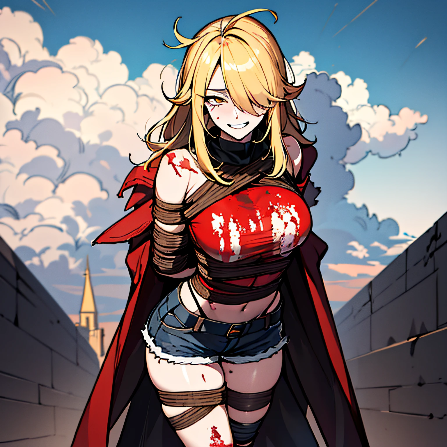 (absurdres, 8k, 4k, masterpiece, hyper extreme detailed:1.2), solo, 1girl, front view, portrait, best quality, expressive eyes, perfect face, 1girl, portrait, solo, standing, Female, toned body, mature female, small breasts, pale, hair covering one eye, long hair, adult, gold eyes, psychotic, laughing, blood, bloody, falling, clouds, crazy eyes, messy hair, swept bangs, perfect anatomy, front view, apocalypse background, t-shirt, shorts, scars, scuffs, injuries, reckless, dangerous, blonde hair, insane, crazy, chaotic, destruction, death, burning church background, emotionless, evil, restless, cold, malicious, menacing, anti hero, dark magic, demonic, bleeding, restless, cloak, armor, torn clothing, tattered clothes, pale skin, blackened armor, sword, smirk, full body, gauntlets, grieves, sinister, perfect eyes, perfect face, bound, bondage, (arms behind back:1.4), bdsm, tape gag, tape, tape bondage, close-up, restrained, best anatomy, full body, taped thighs, taped legs, legs together, tape wrapped, wrap gag, bondage,